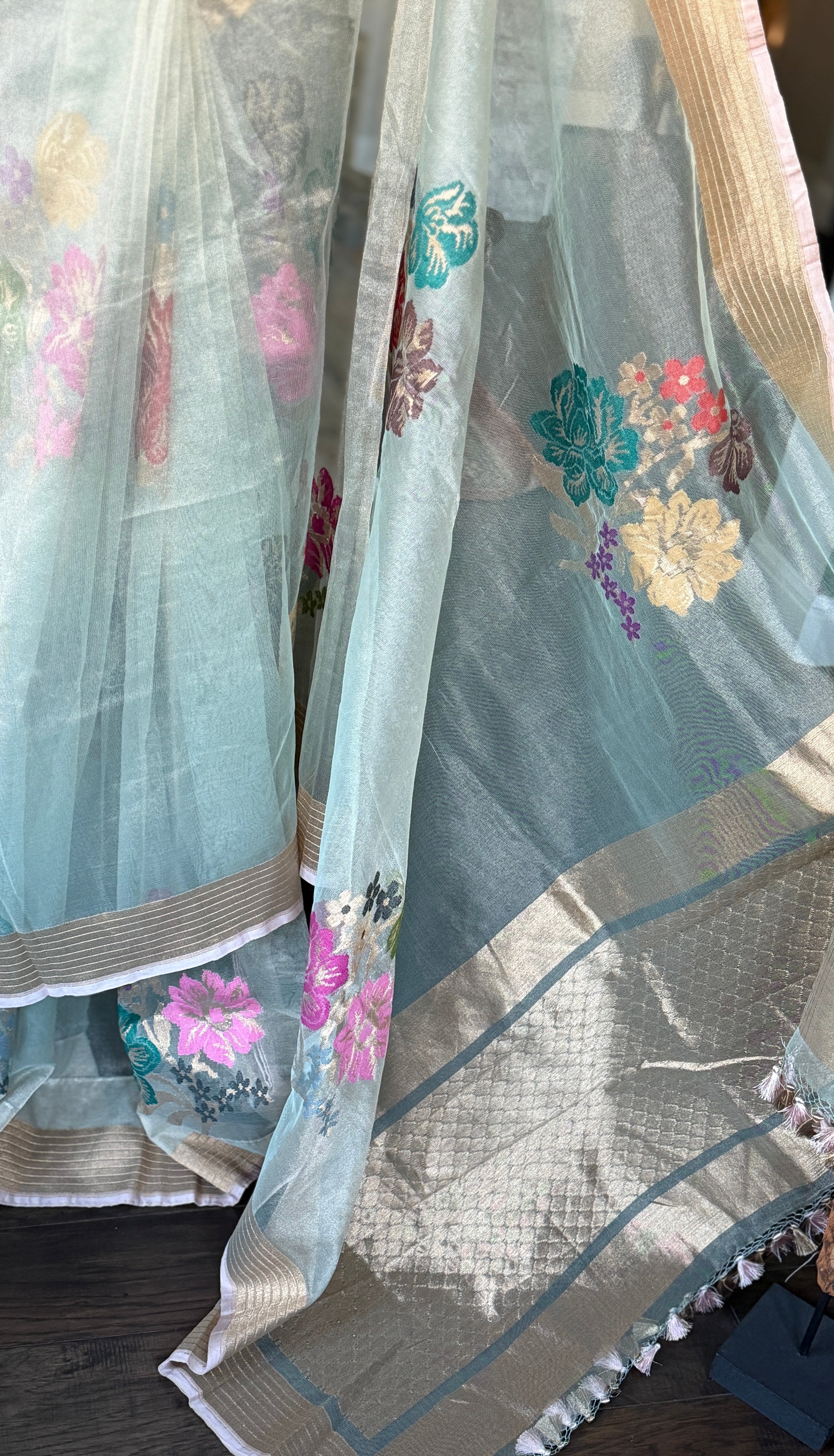 Handwoven Pure Tissue Net Organza Silk Saree with Zari Border & Multicolor Floral Motifs – Lightweight Festive Wear | Ships from USA