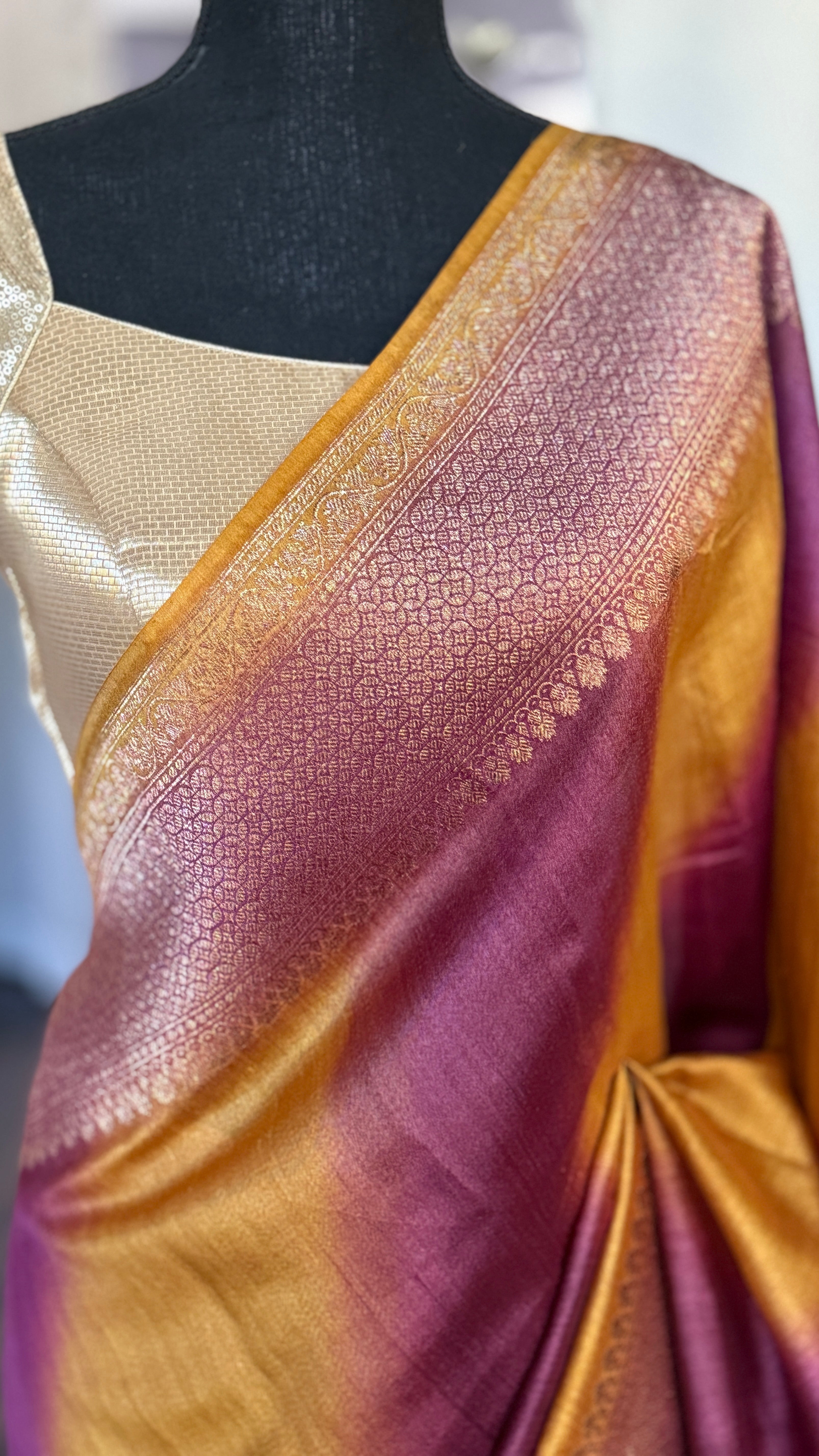 Tussar Silk Banarasi Shaded - Yellow Purple Antique Golden Zari
