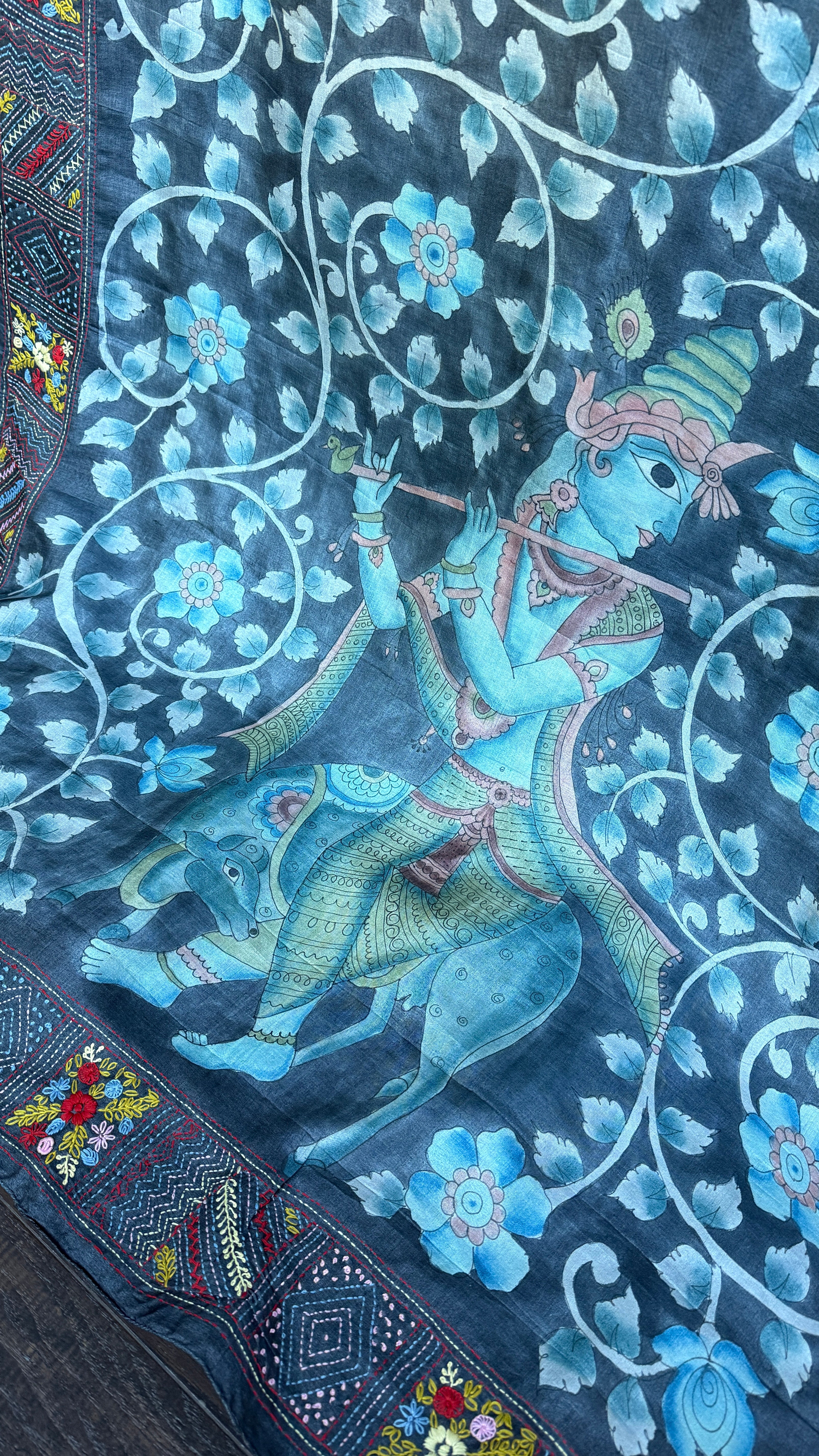 Tussar Silk Pen Kalamkari - Grey Hand Embroidered