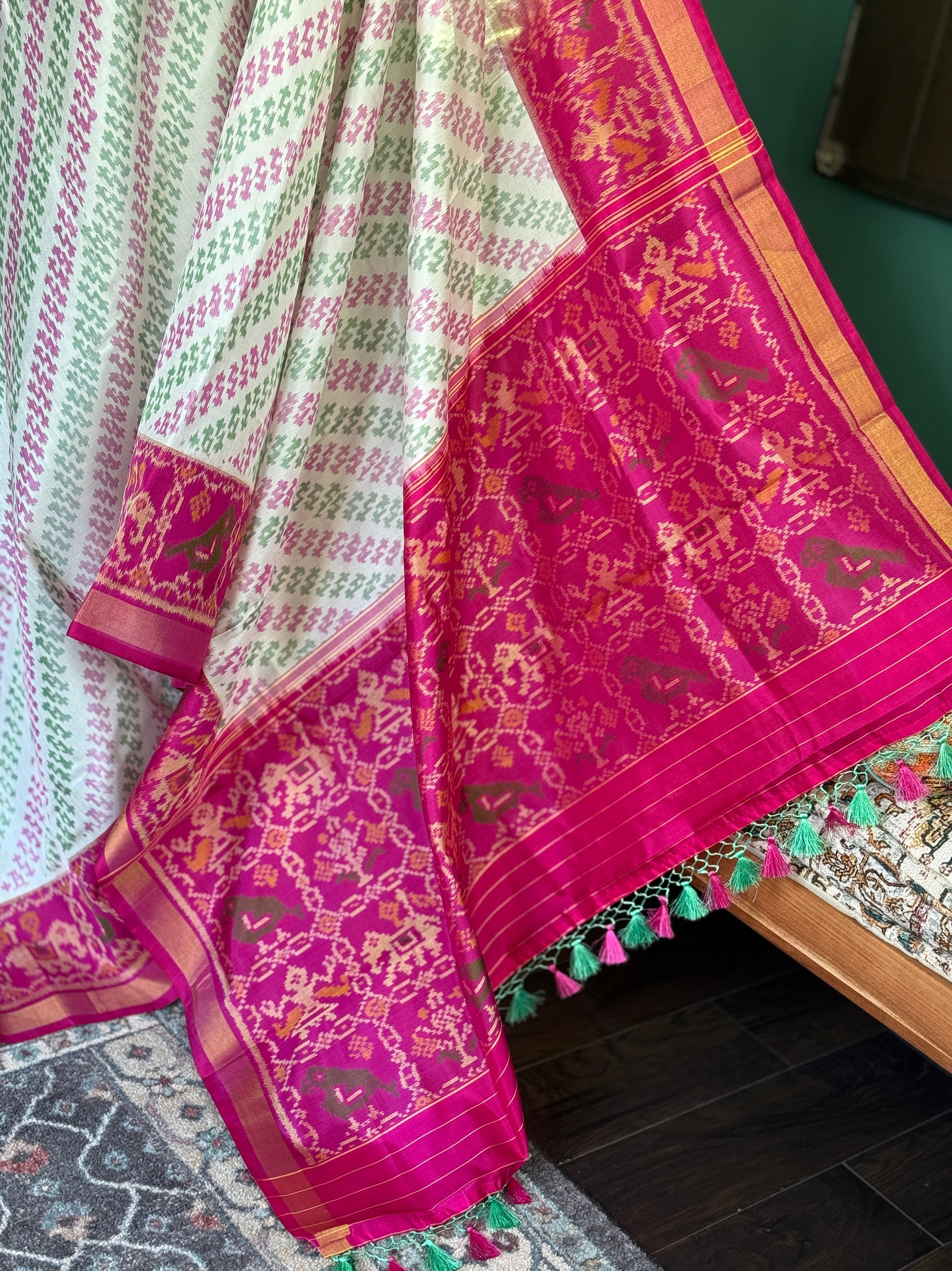 Pure Silk Ikat -  Offwhite Green Magenta