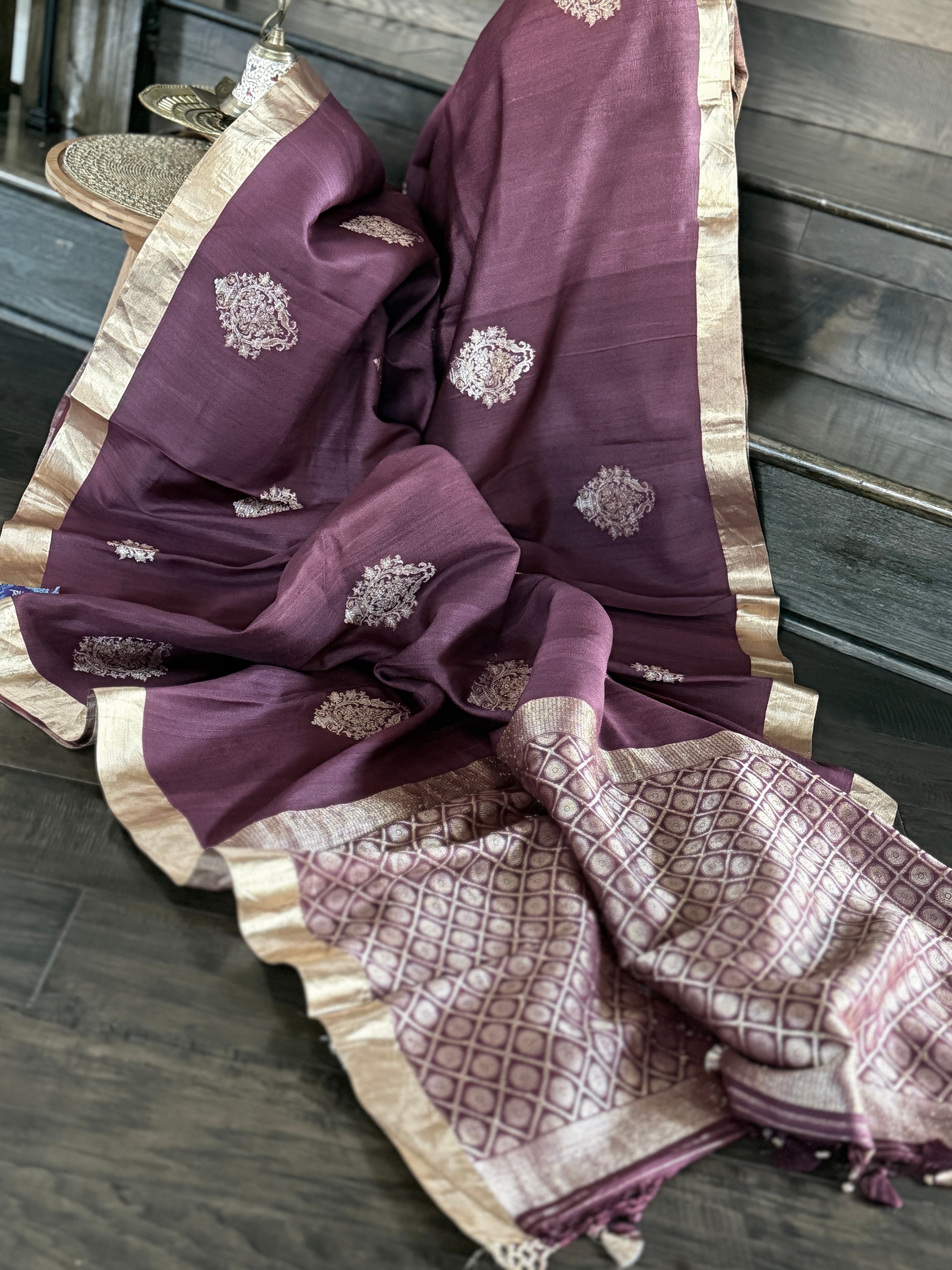 Tussar Silk Banarasi - Plum Brown Khadhua Antique Zari