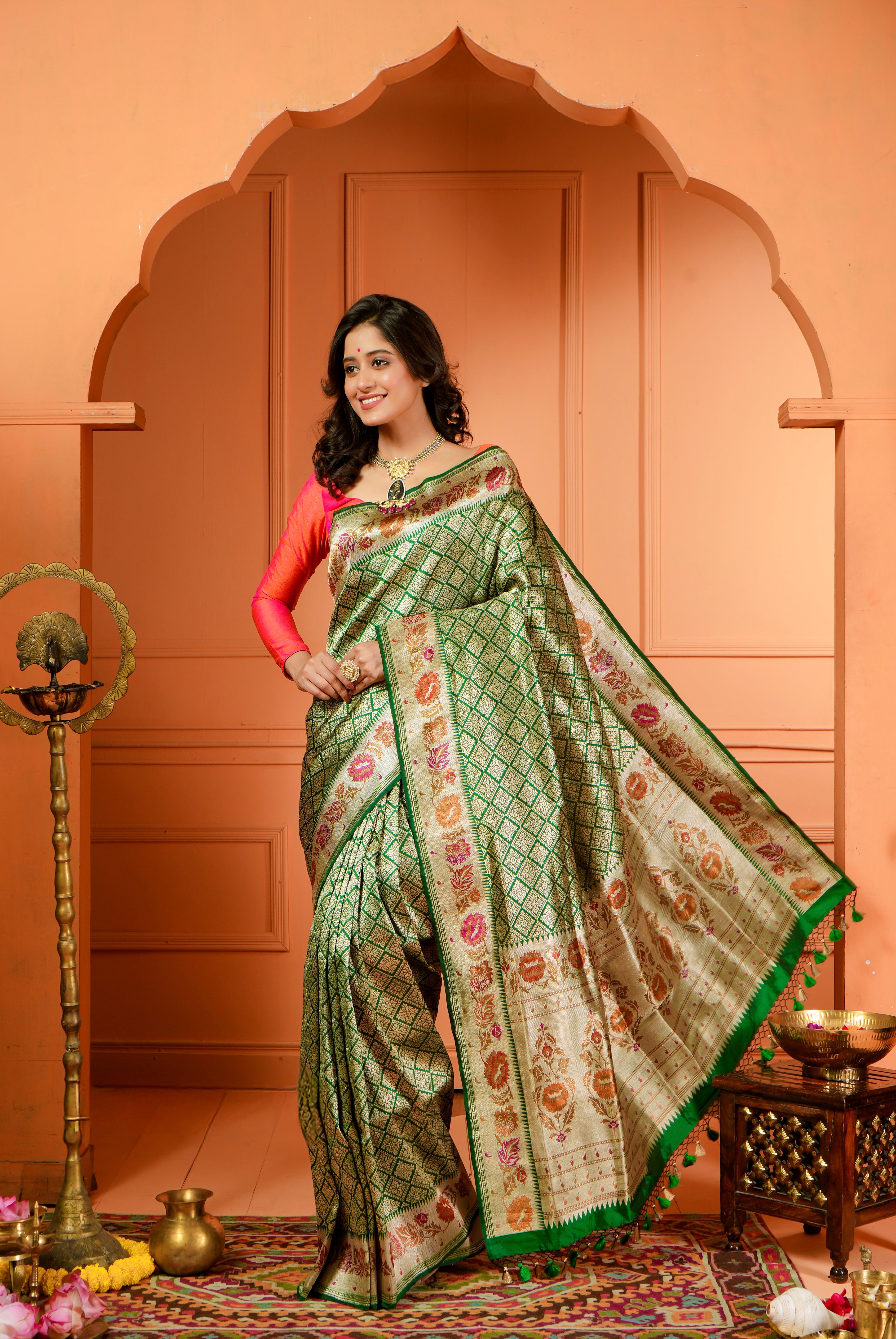 Pure Silk Paithani Brocade Banarasi- Dark Green