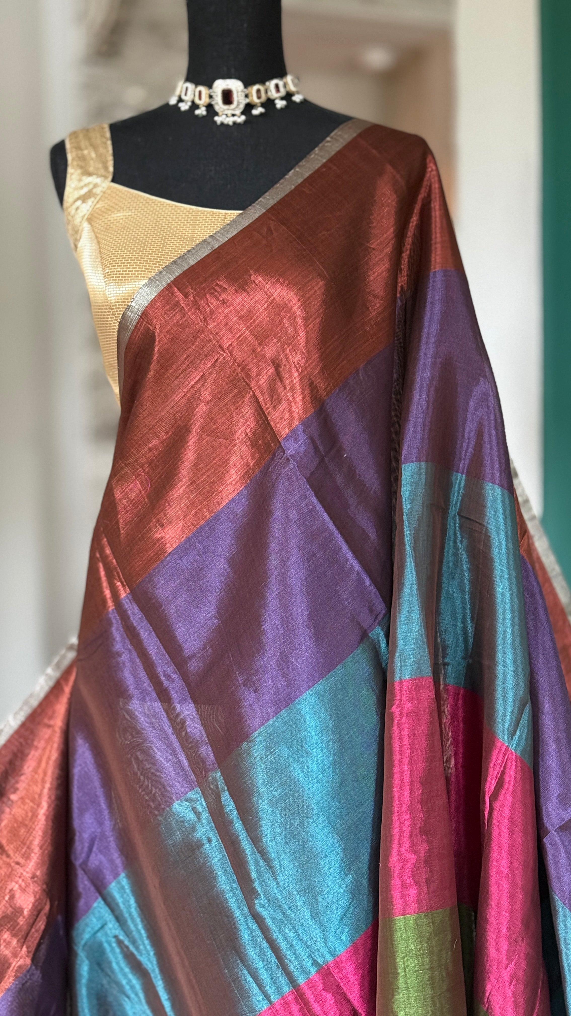 Chanderi Tissue Silk - Multi Color woven Rangkat