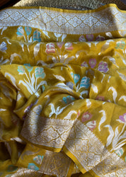 Khaddi Georgette Banarasi - Lime Yellow Meenakari
