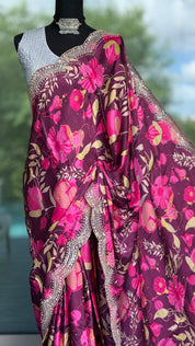 Designer Crepe Satin - Wine Maroon Multi Color