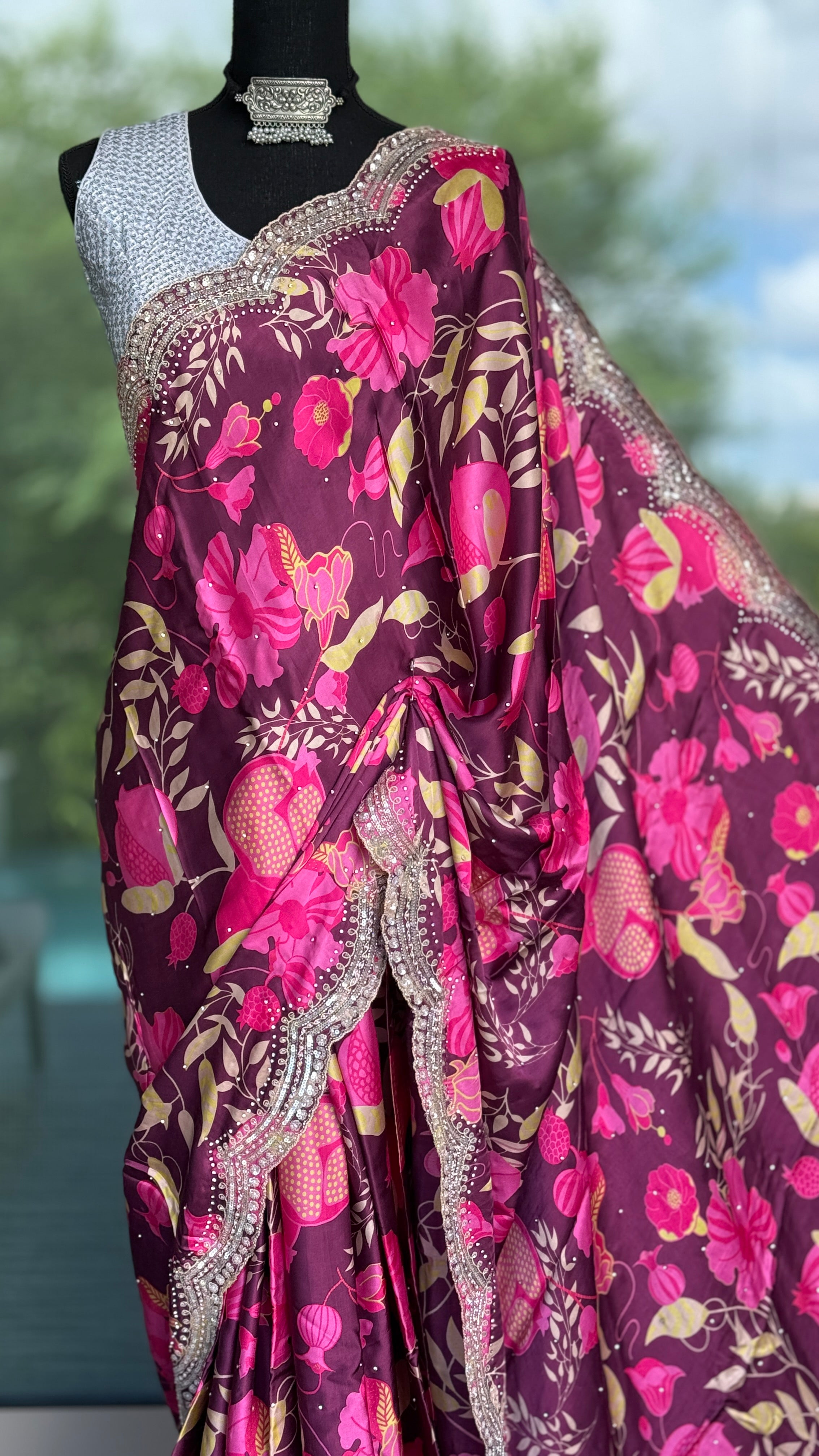 Designer Crepe Satin - Wine Maroon Multi Color