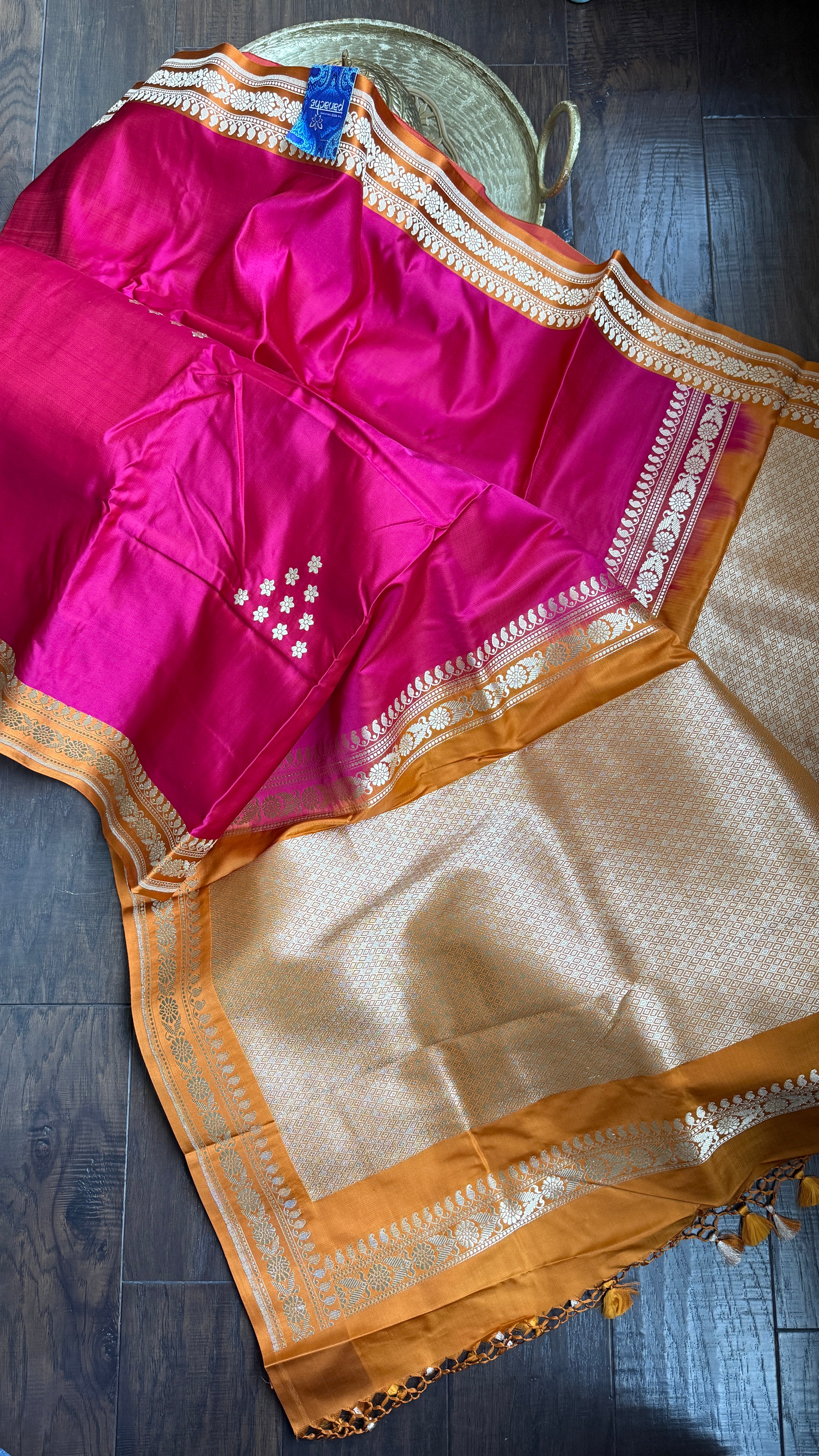 Pure Silk Mashru Banarasi- Rani Pink Ochre Orange