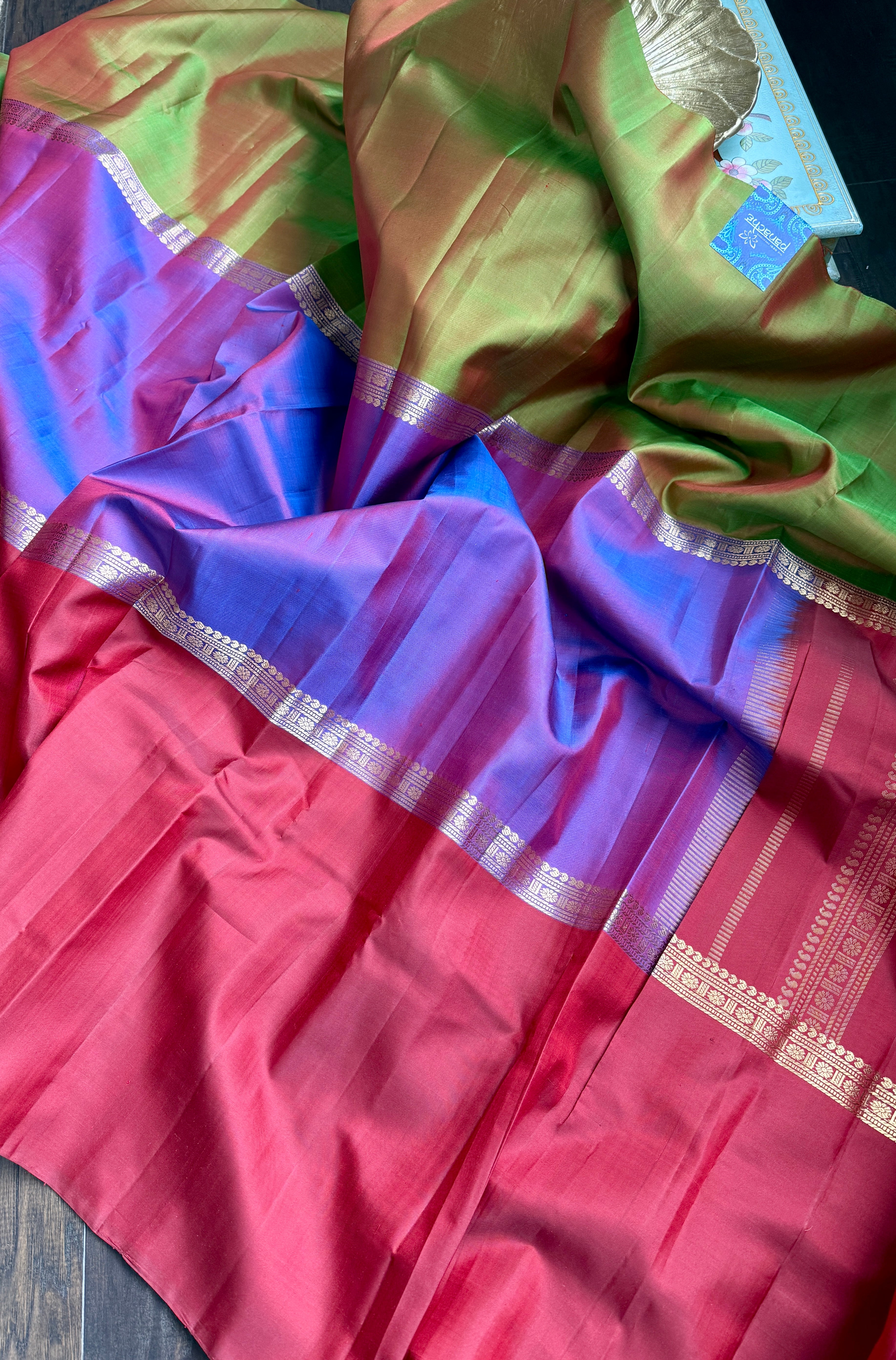 Pure Silk Mubbagam Kanjivaram - Red Green Purple Woven