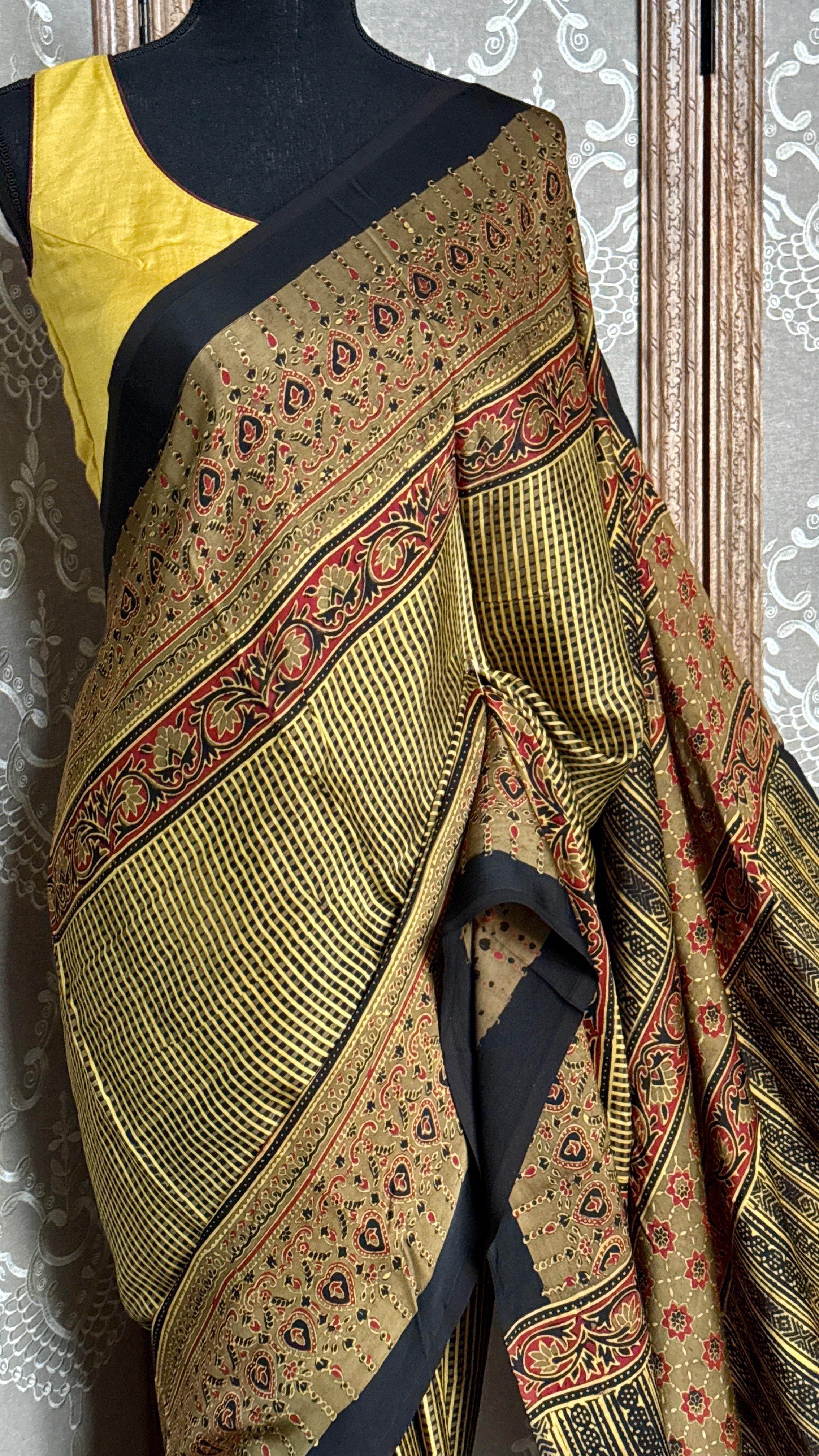 Modal Silk Ajrakh - Greenish Yellow Black Checkered