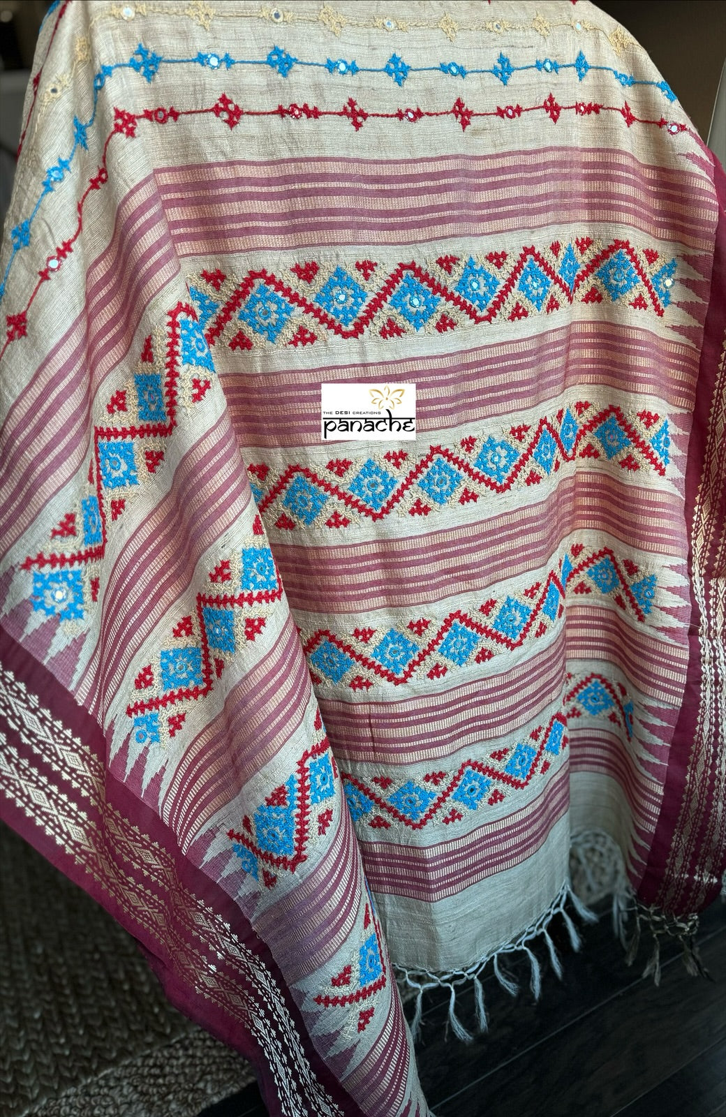 Tussar Silk Kutch Embroidered - Tan Beige Maroon