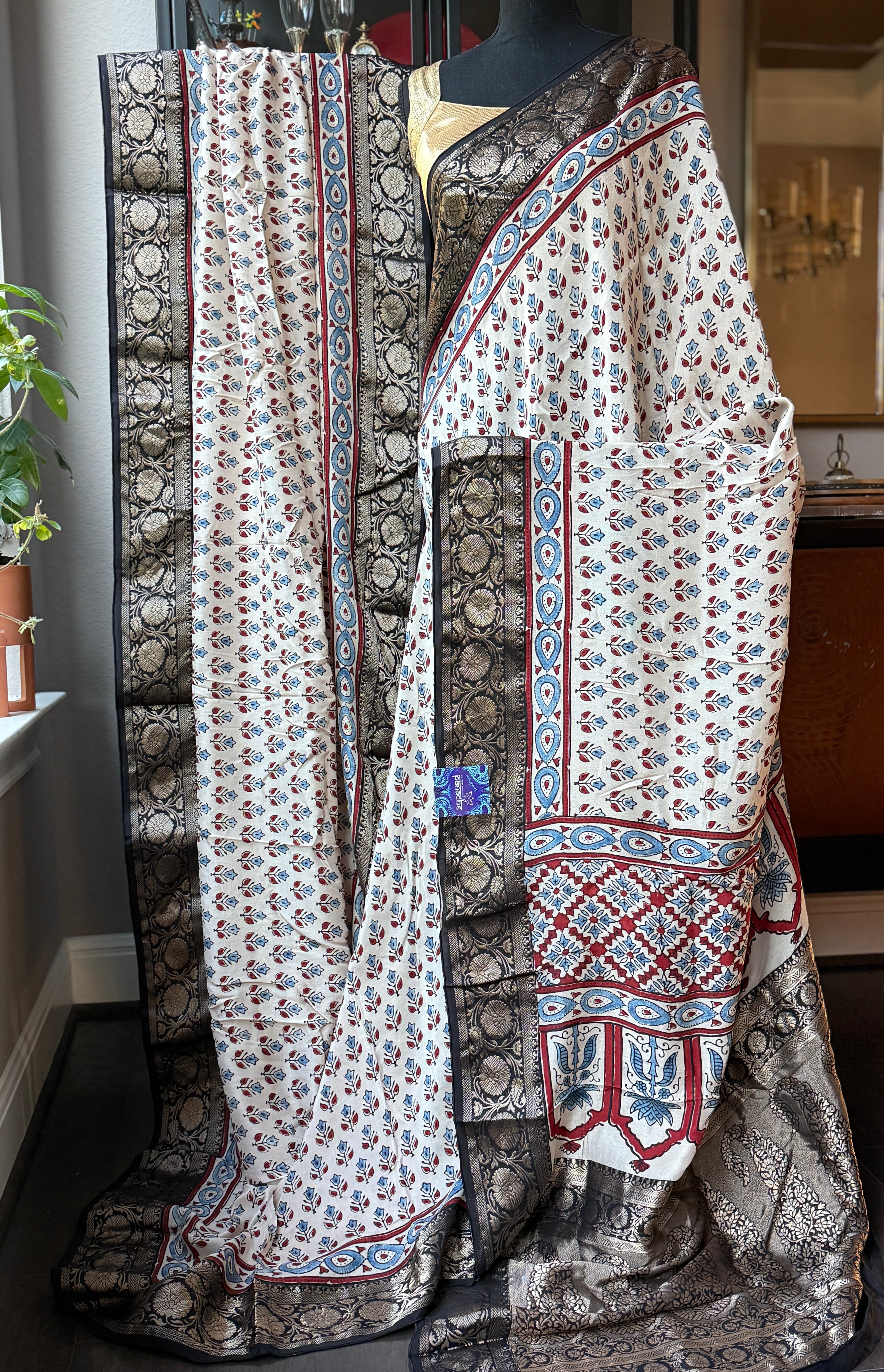 Dola Silk Ajrakh - Cream Black