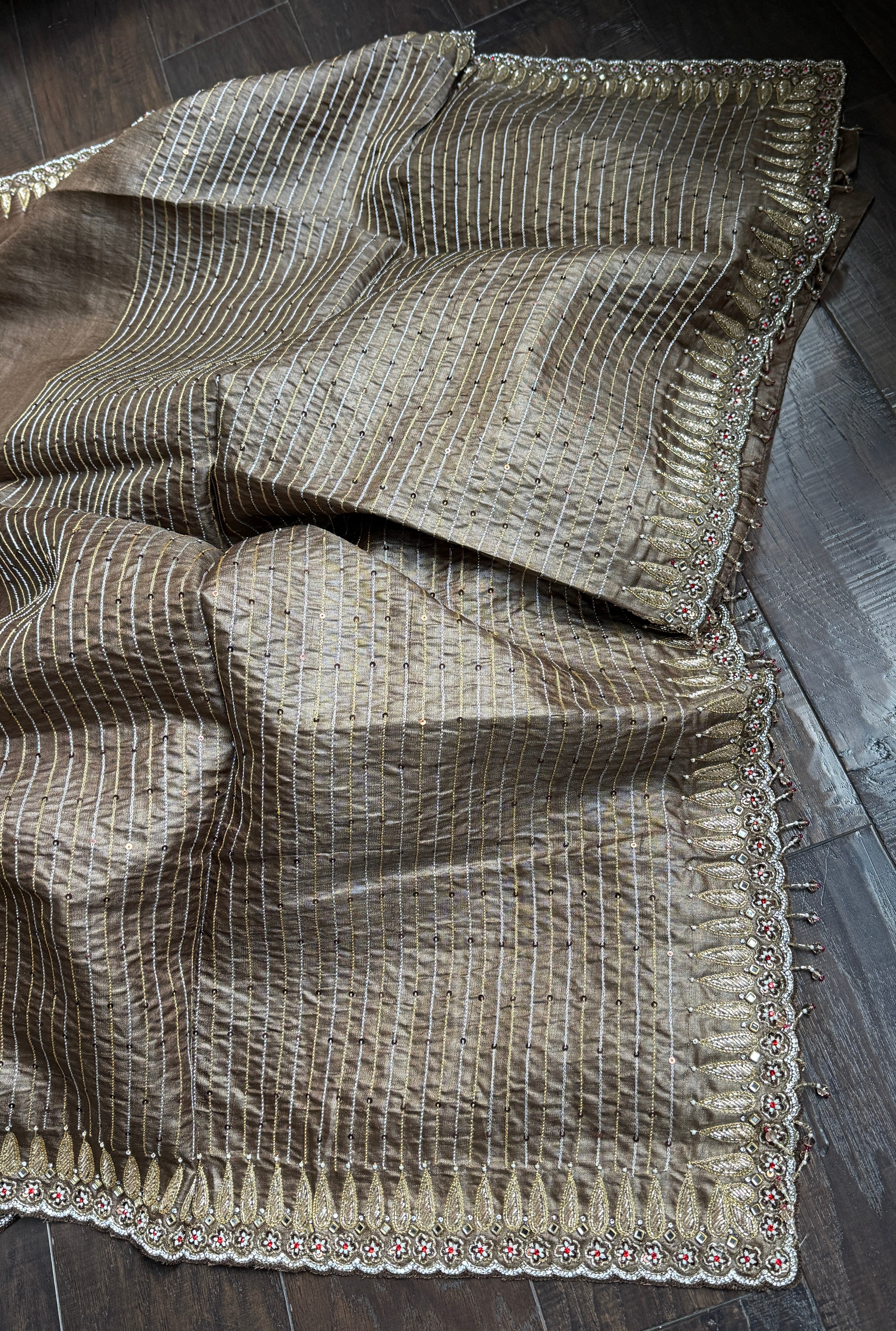 Designer Hand Zardozi Pure Tussar Silk - Brown