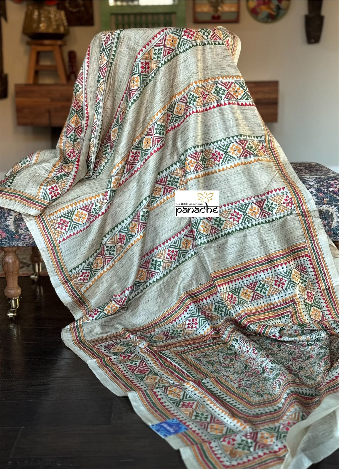 Pure Tussar Silk Kantha Stitch - Beige Multi color