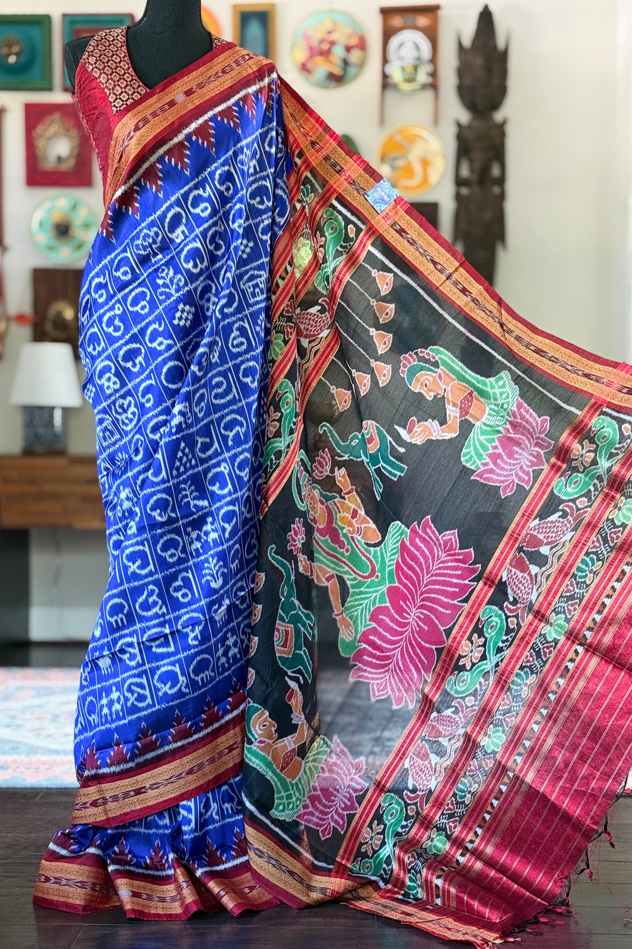 Pure Silk Sambalpuri Double ikat  - Royal Blue Maroon