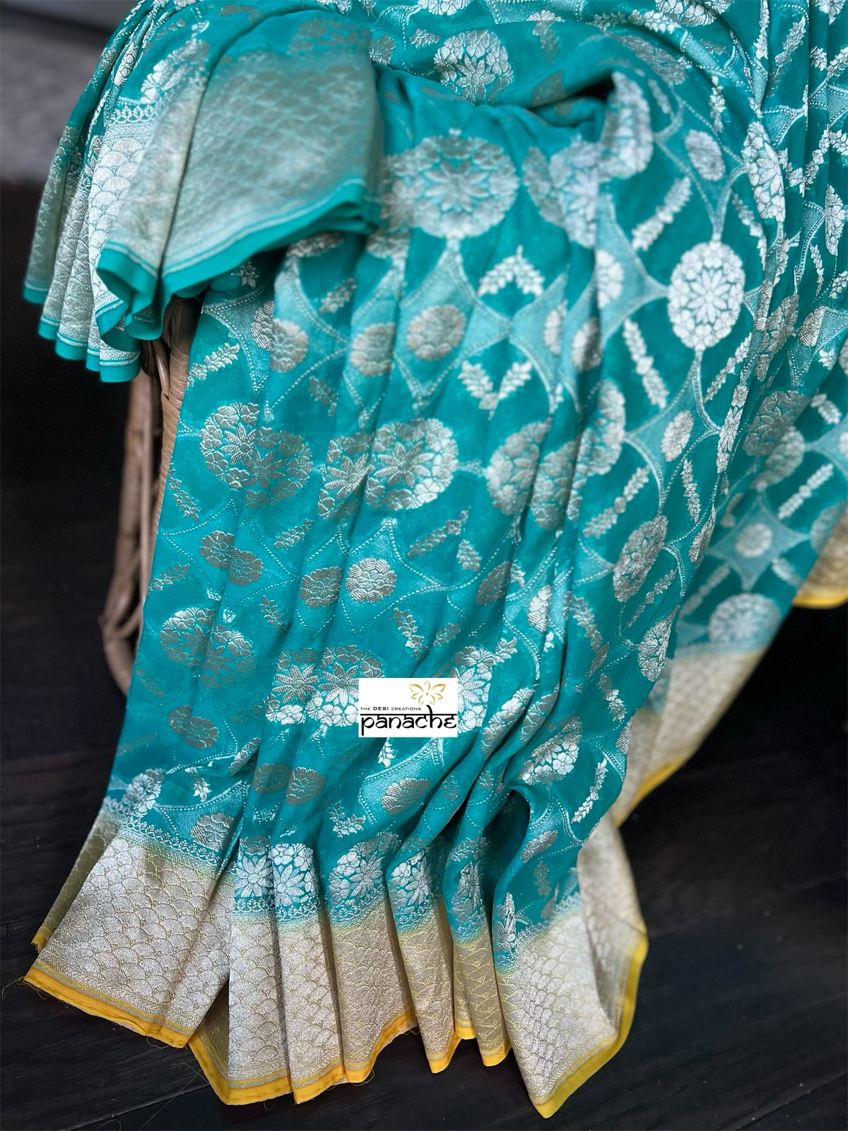 Khaddi Georgette Banarasi - Sea Green Yellow