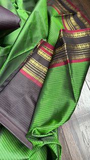 Pure Silk 1gm Zari Kanjivaram - Green Black self Stripe