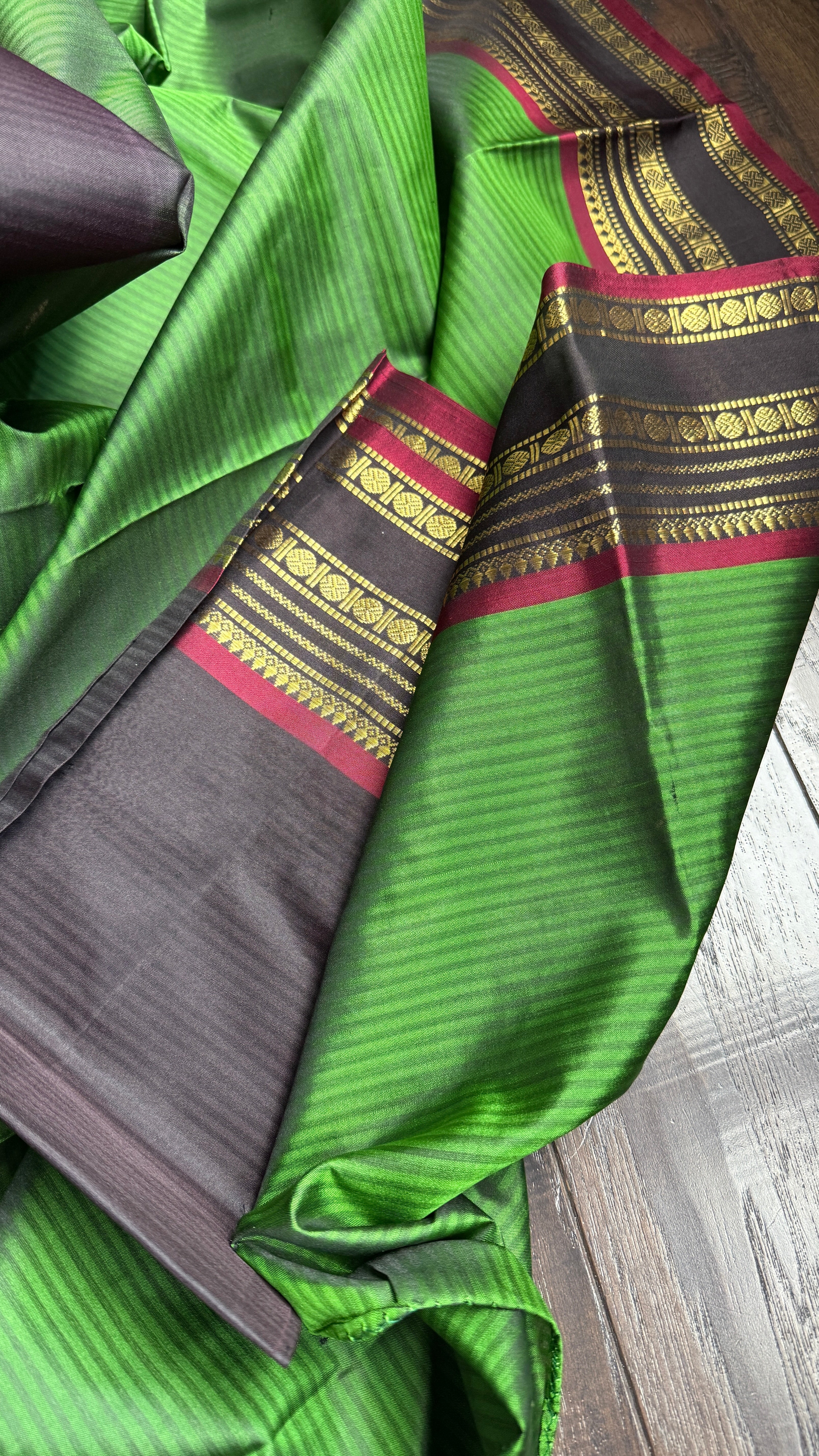 Pure Silk 1gm Zari Kanjivaram - Green Black self Stripe
