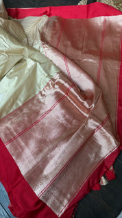 Pure Silk Katan Banarasi- Beige Tan Red Kadhua
