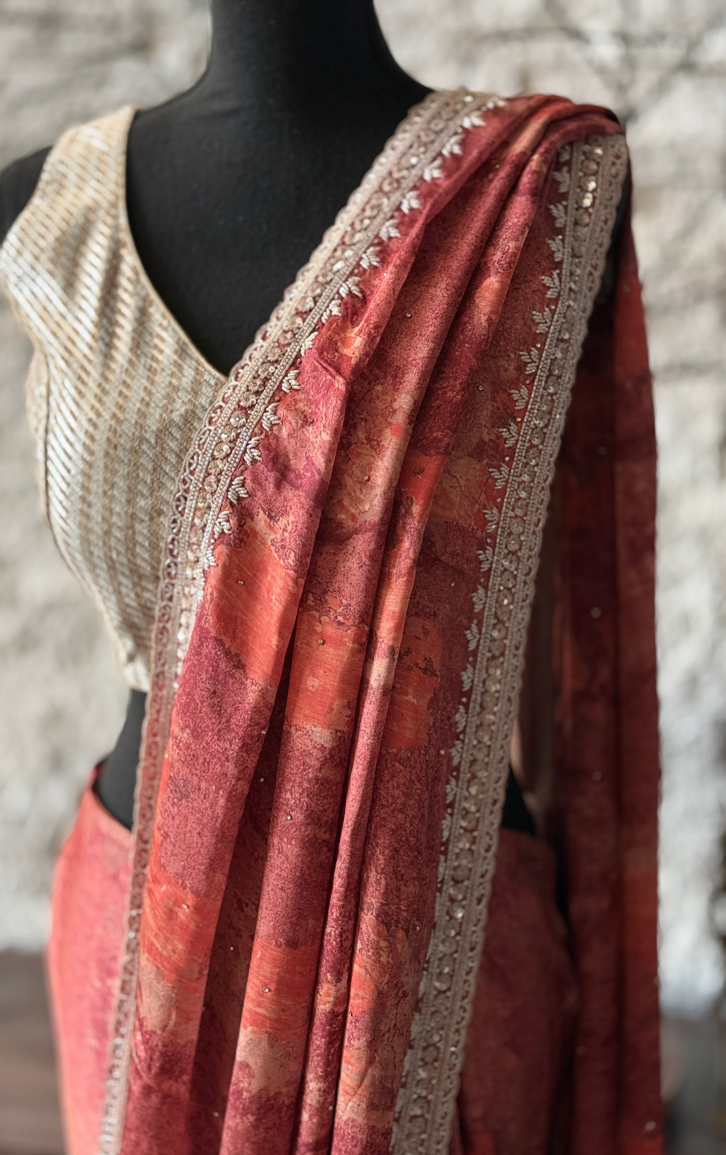 Designer Crepe Satin Marble Print - Rust Wine