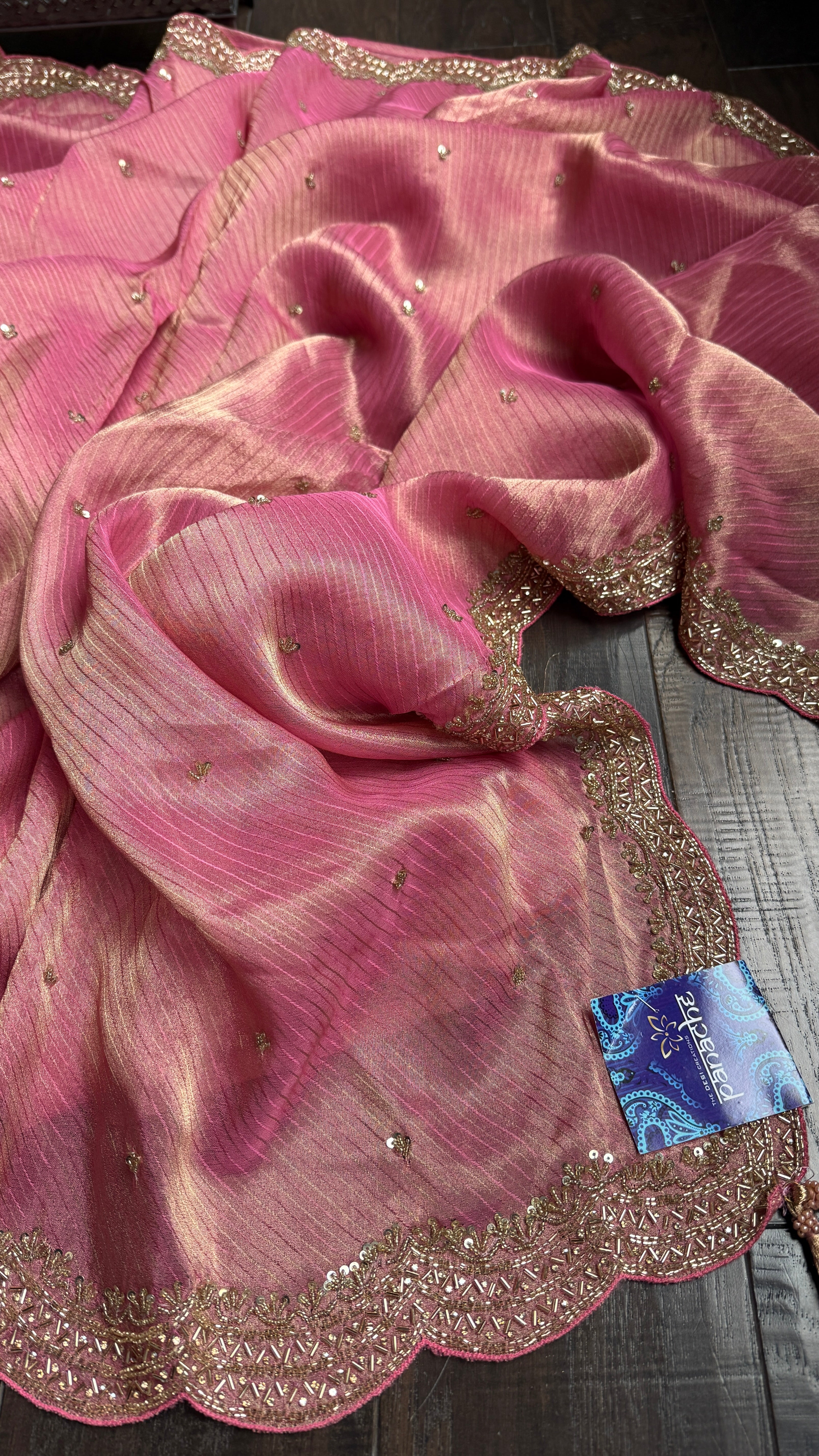 Designer Georgette Organza - Pink Dual Shaded Scalloped Border