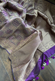 Pure Silk Katan Banarasi- Purple Antique Gold Zari