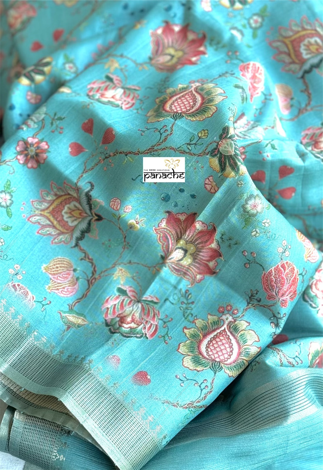 Designer Tussar Floral - Aqua Blue