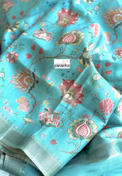 Designer Tussar Floral - Aqua Blue