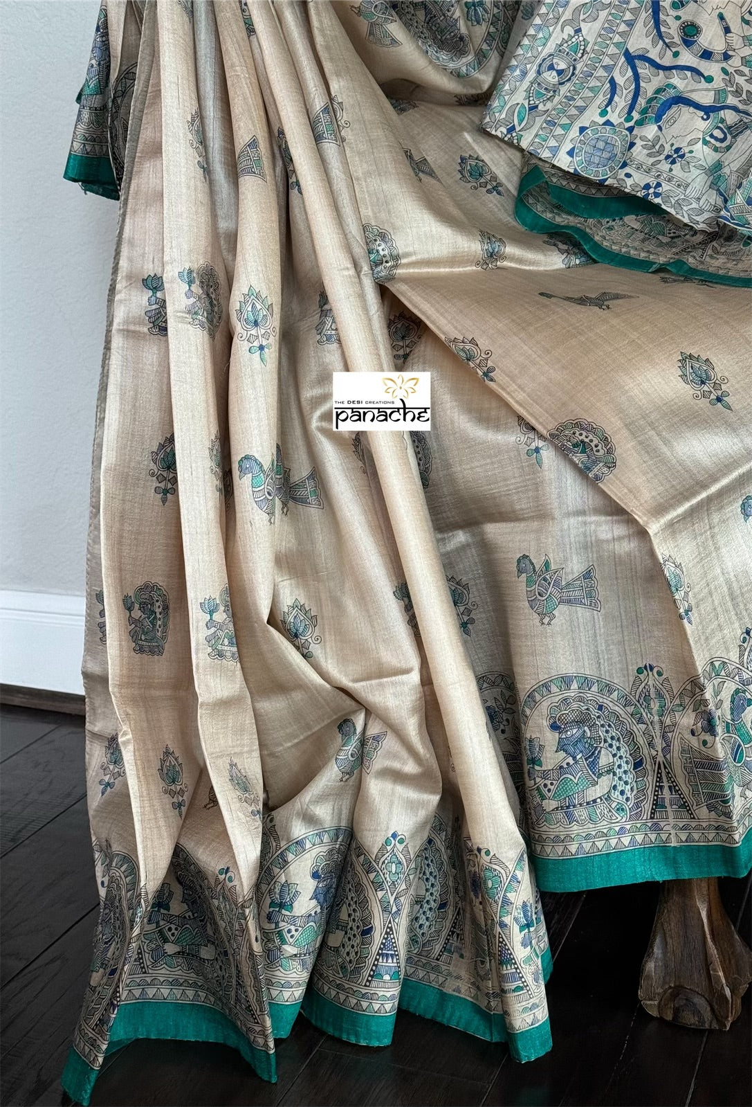 Pure Tussar Silk - Beige Blue Madhubani