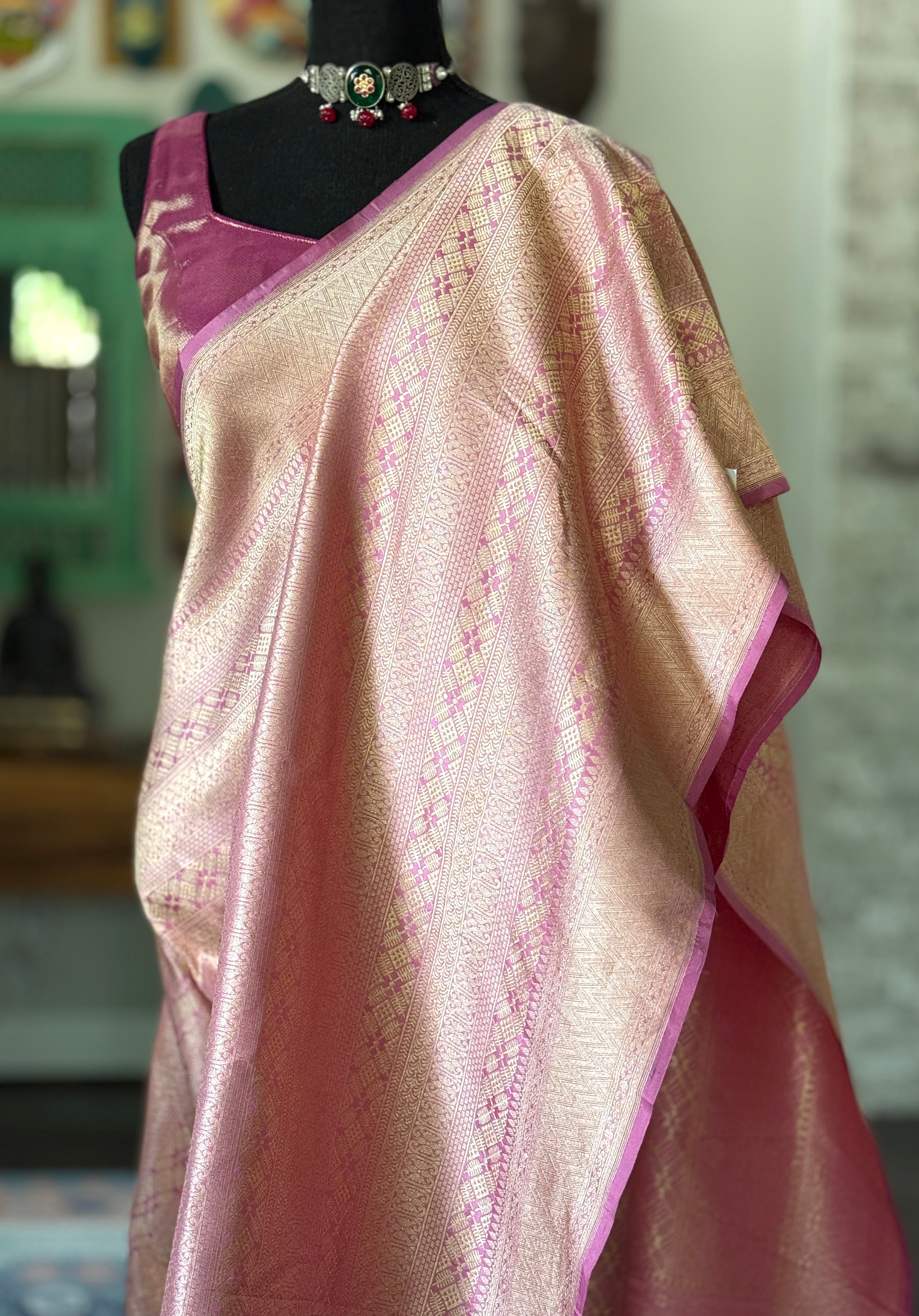 Pure Silk Brocade Banarasi- Light Onion Pink Golden Zari