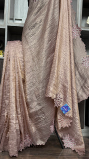 Designer Crushed Tissue Silk - Bronze Brown Appliqué Embroidered