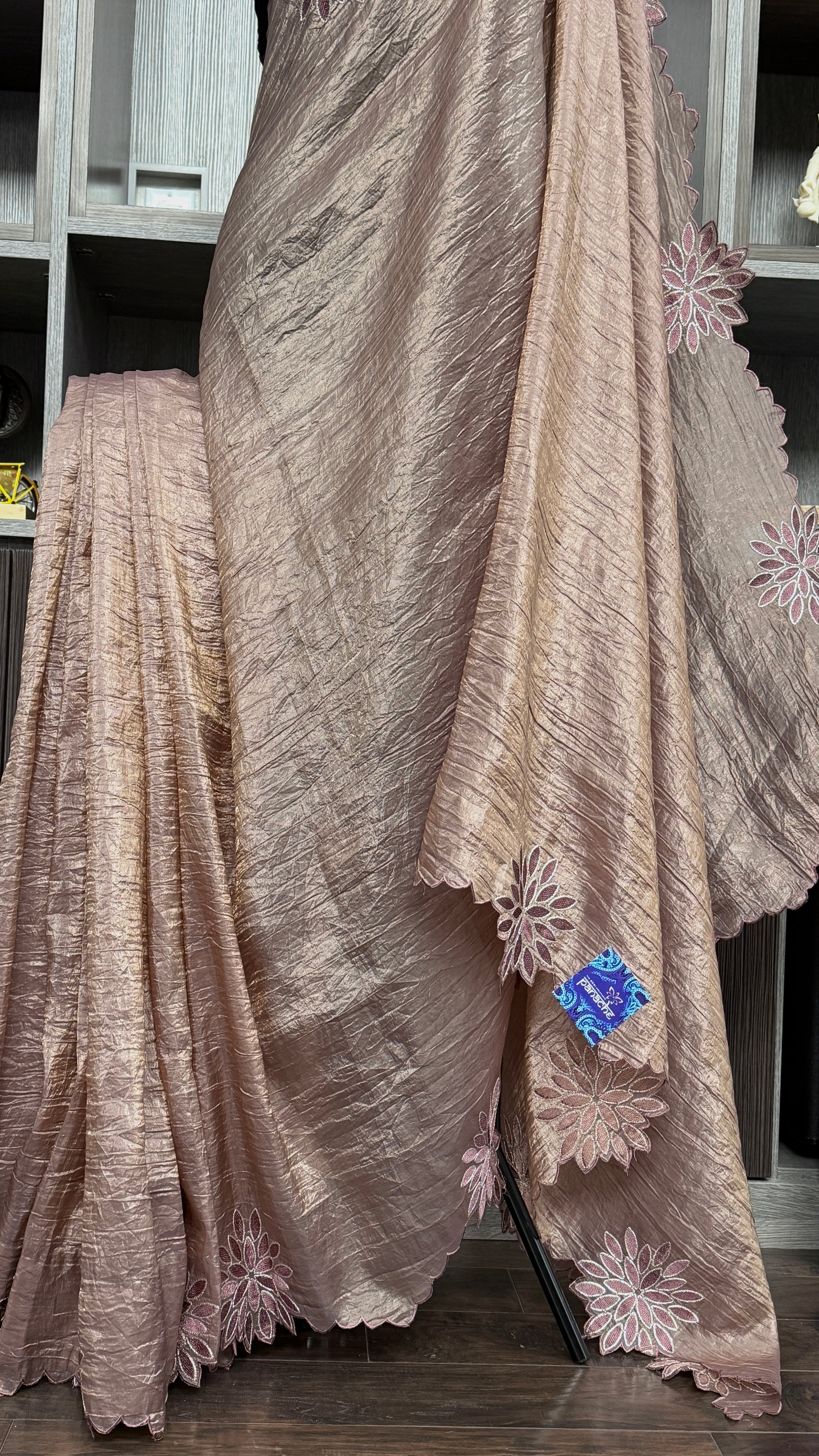 Designer Crushed Tissue Silk - Bronze Brown Appliqué Embroidered
