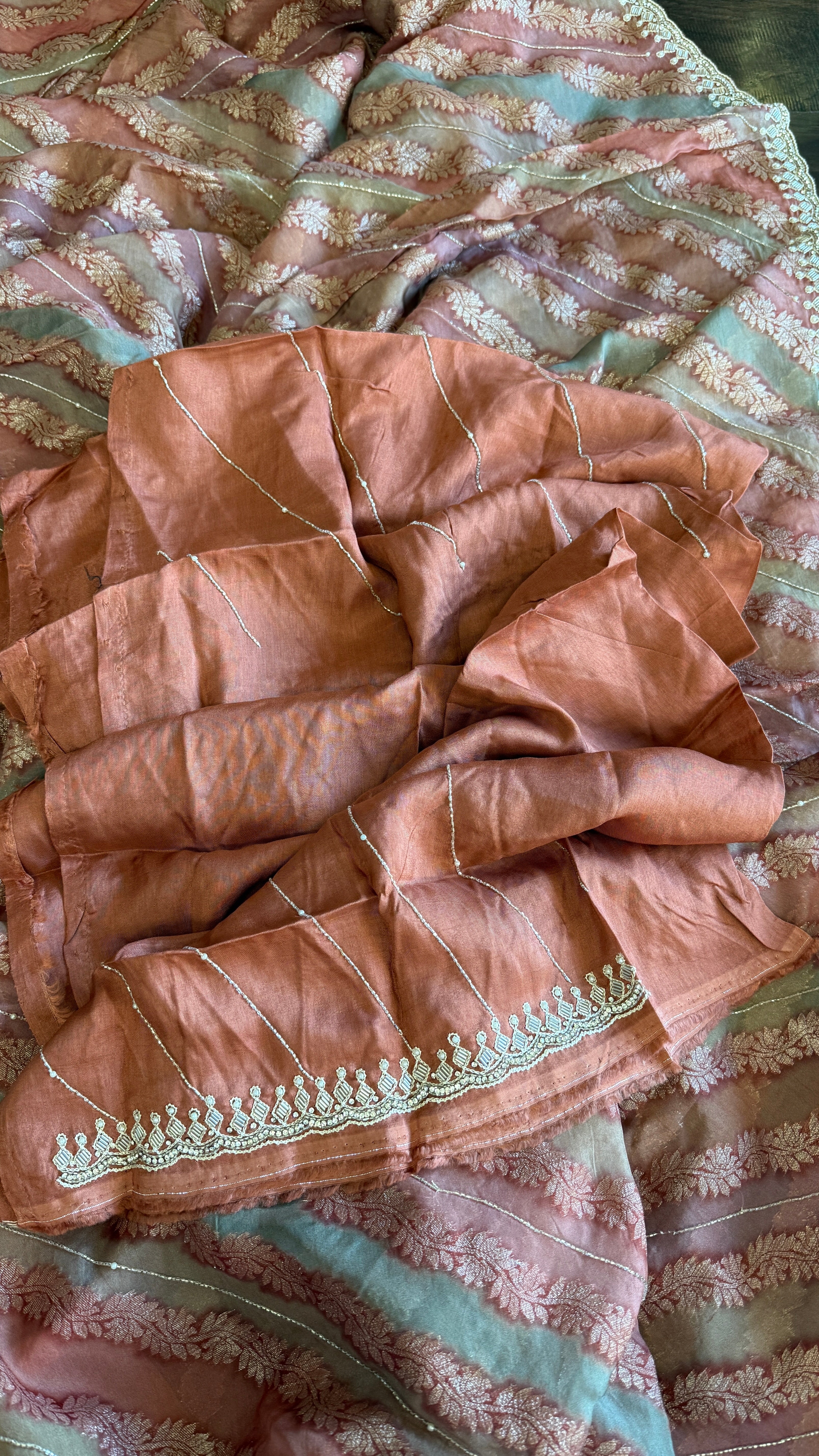 Designer Organza Leheriya - Light Rust Pink Multi Color