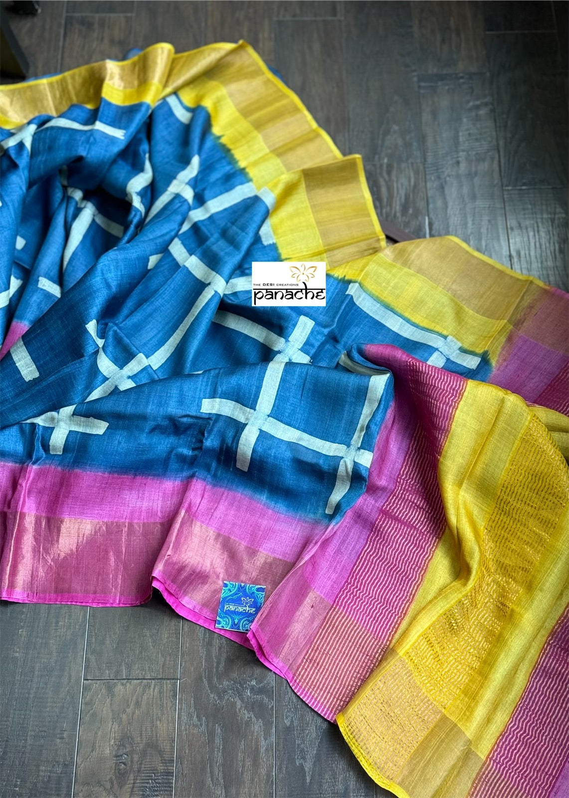 Pure Tussar Silk - Blue Yellow Pink Hand-Block Printed