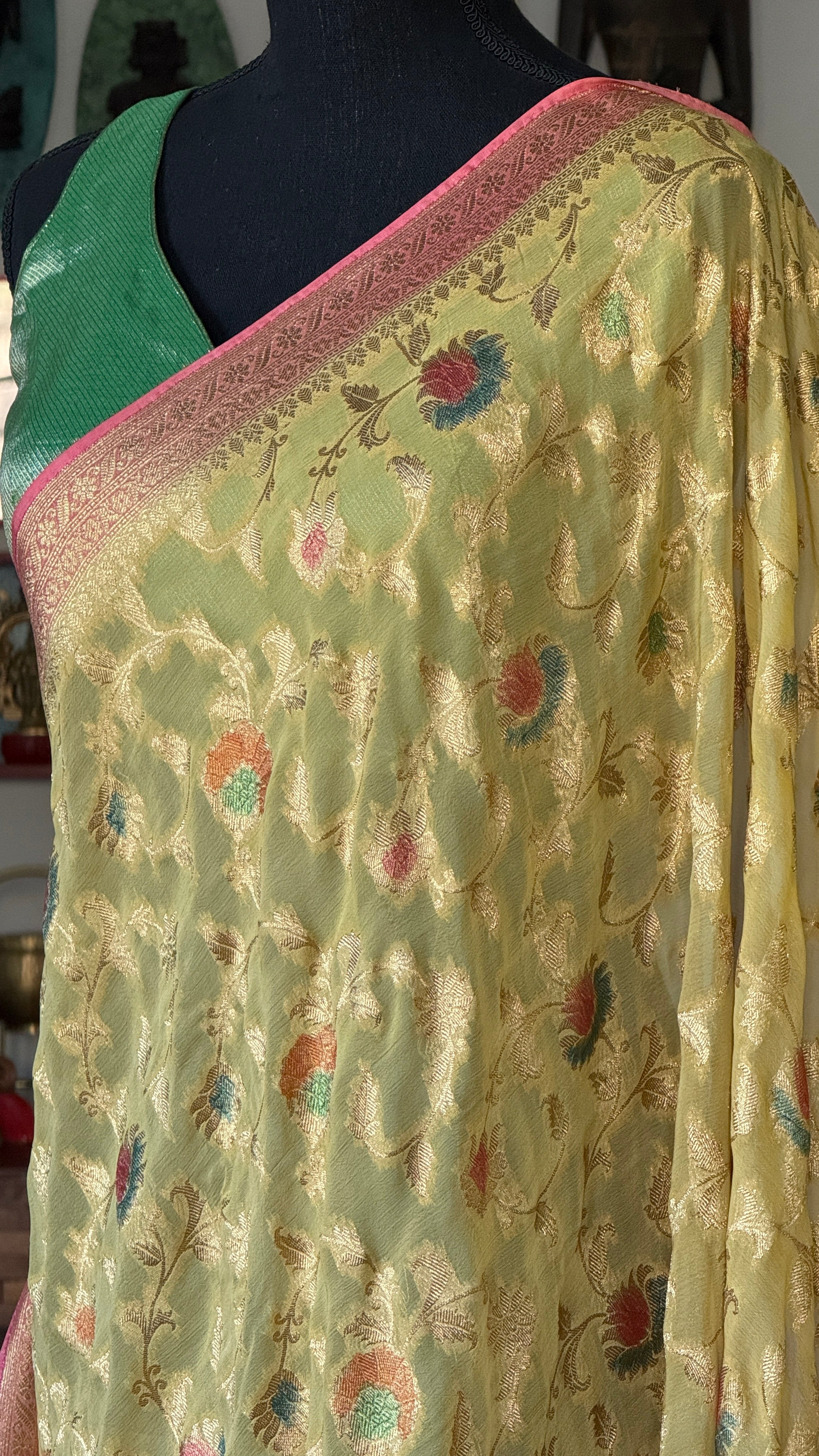Khaddi Georgette Banarasi - Yellow Meenakari