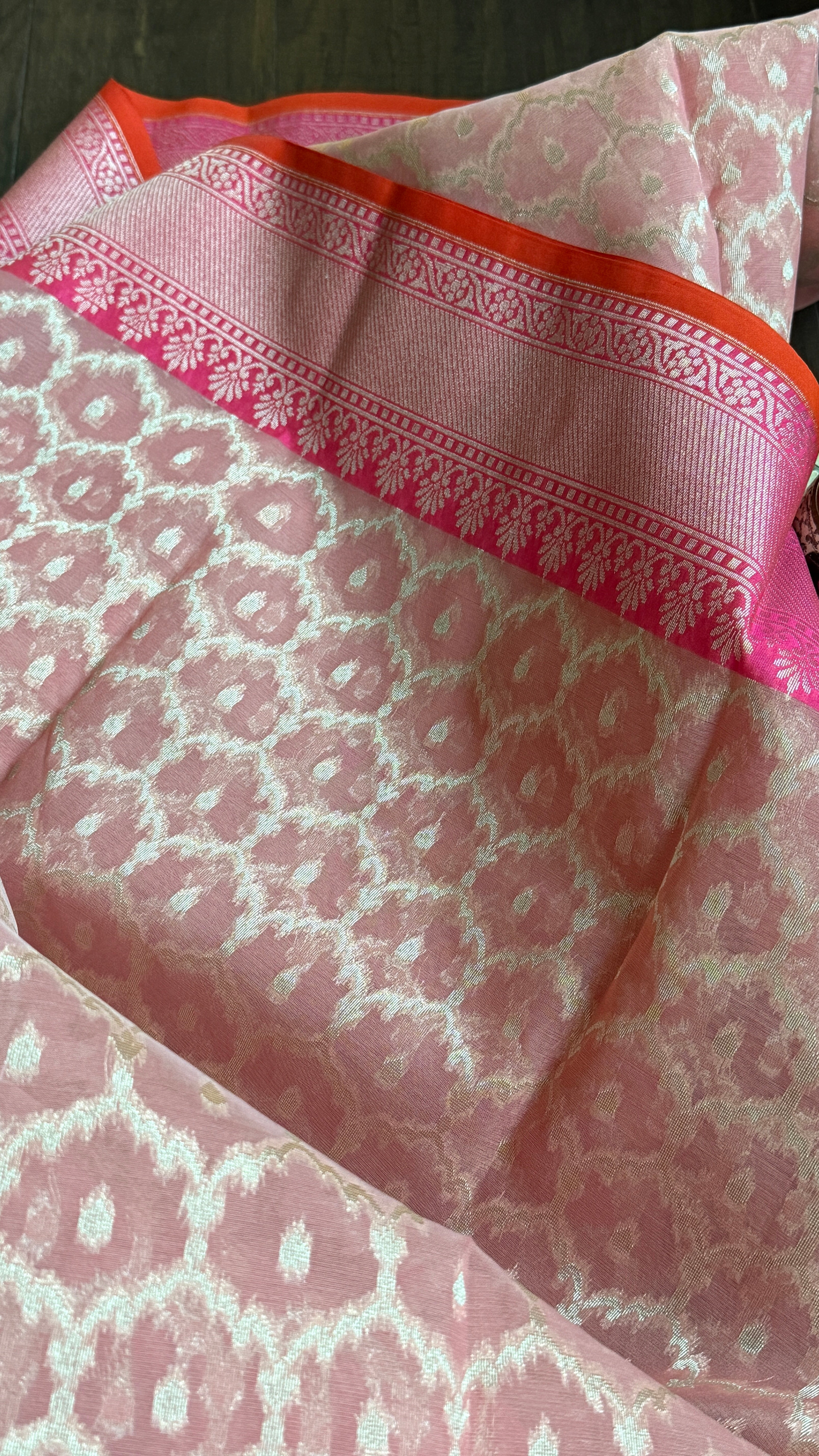 Kora Silk Banaras Chanderi - Peach Pink