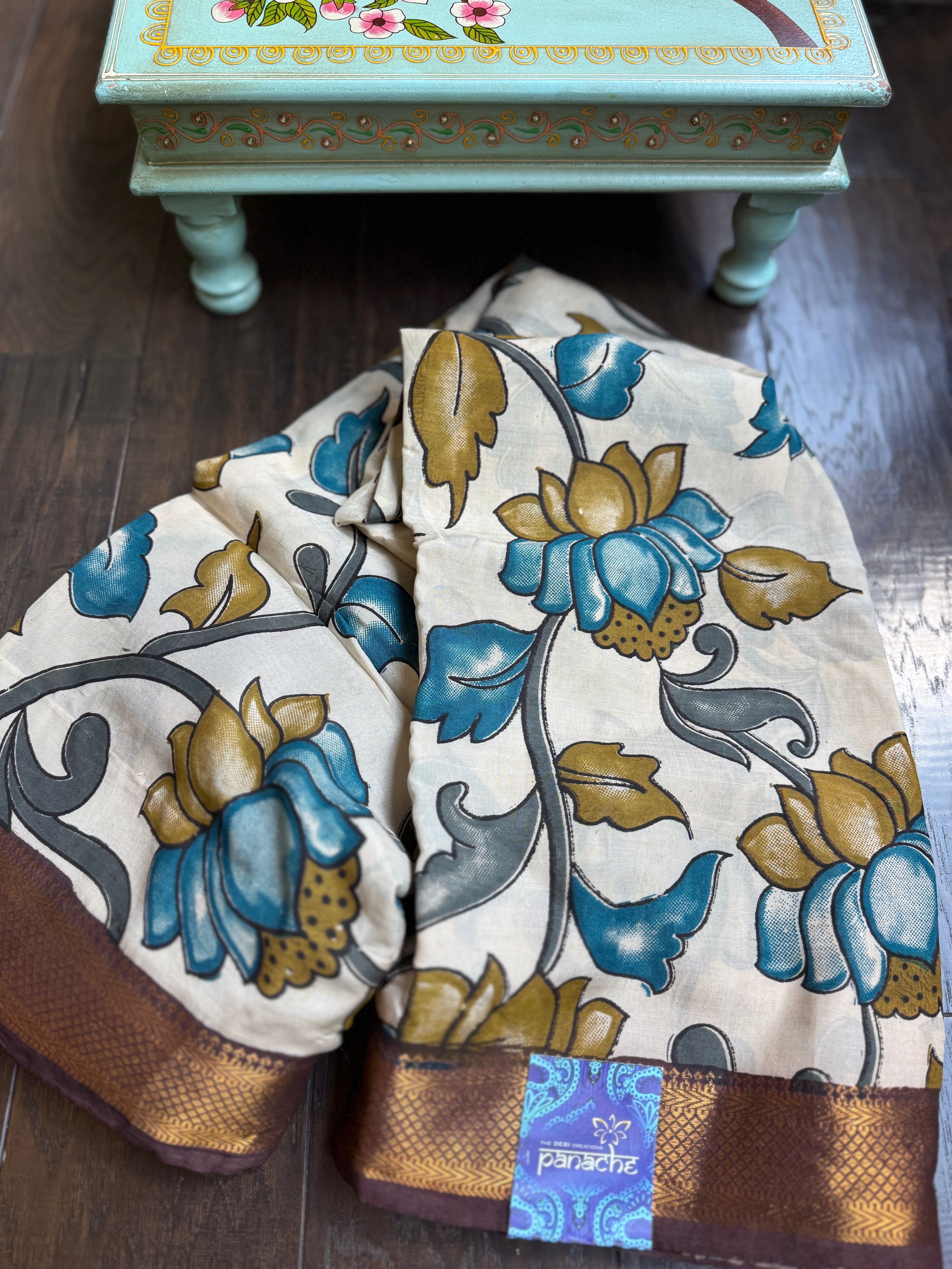 Chinori Silk Kalamkari  -  Dusty White Firozi Lotus