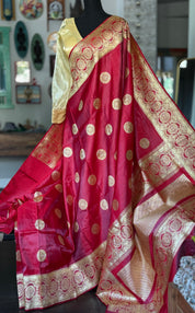 Pure Silk Mashru Banarasi- Raspberry Red Dual Shaded