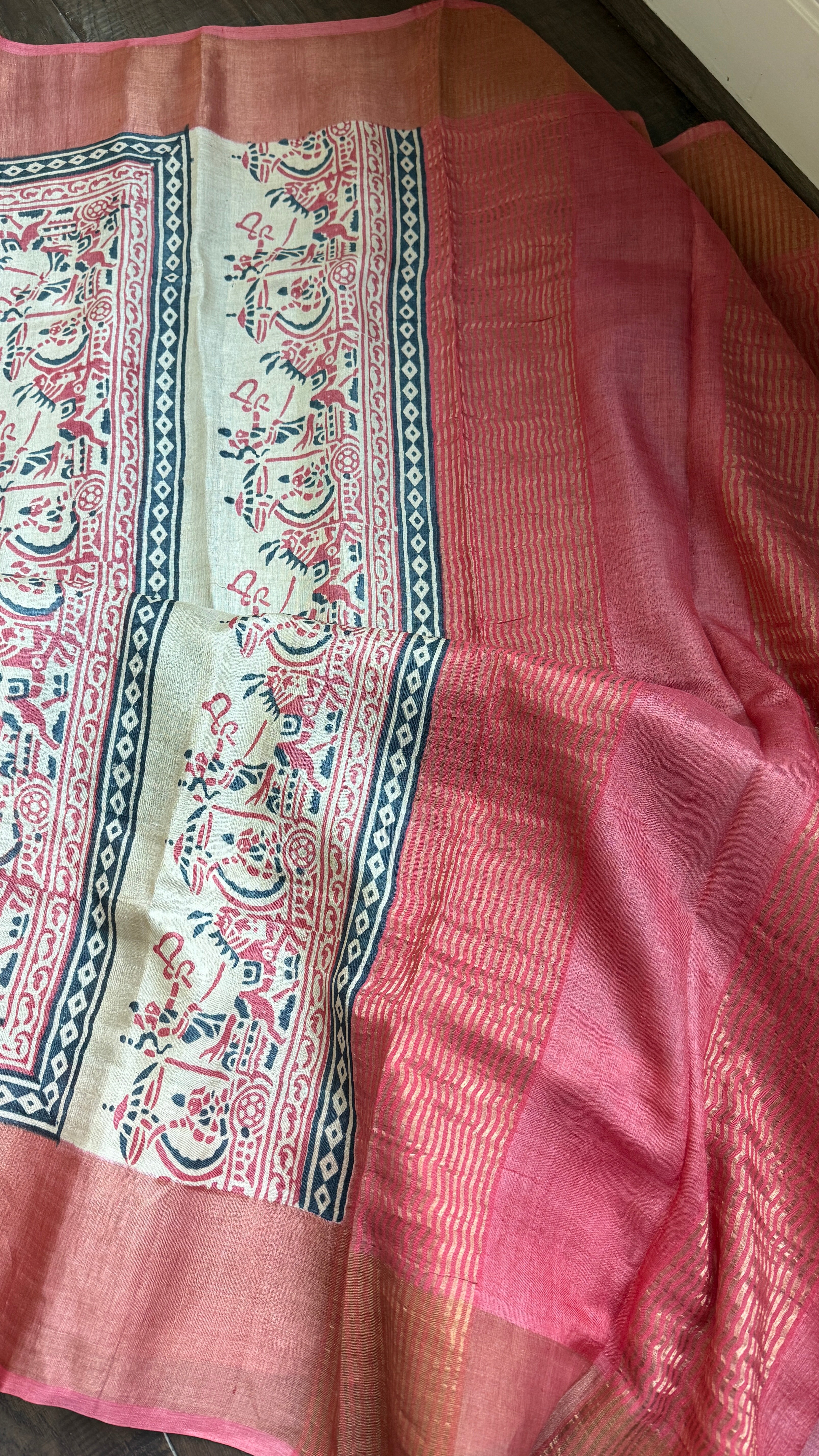 Pure Tussar Silk - Slate Grey Mahabharata depiction