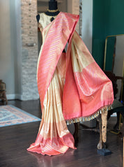 Pure Katan Silk Benarasi - Ivory Pink Golden Silver Zari