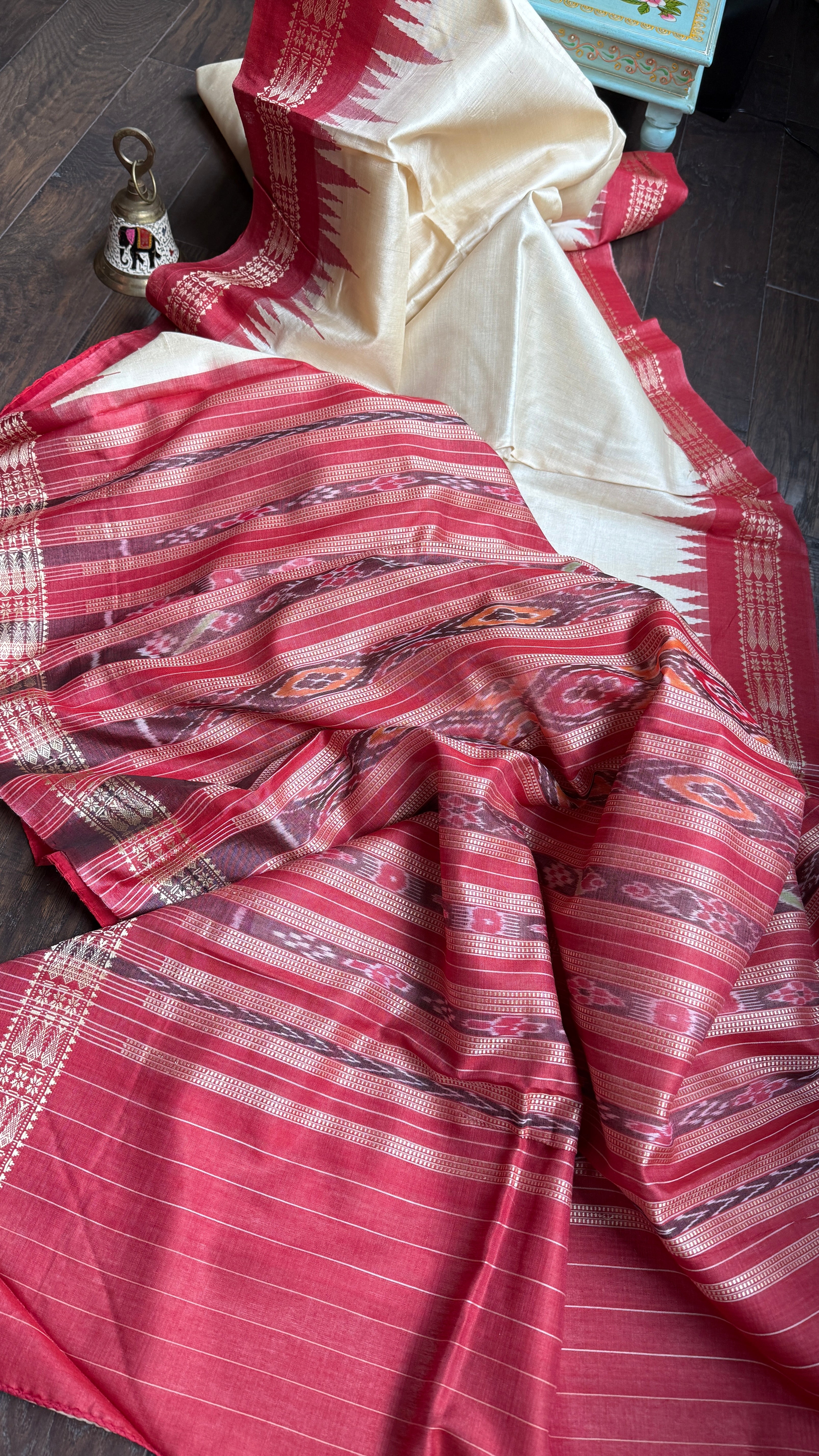 Pure Tussar Silk - Beige Red Ikat Palla