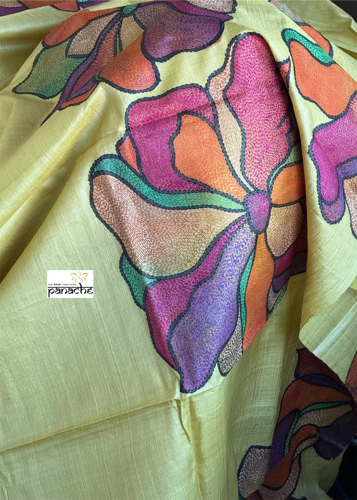 Pure Tussar Silk Kantha Stitch - Yellow