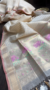 Silk Cotton Kora Banarasi - Cream Paithani Pallu