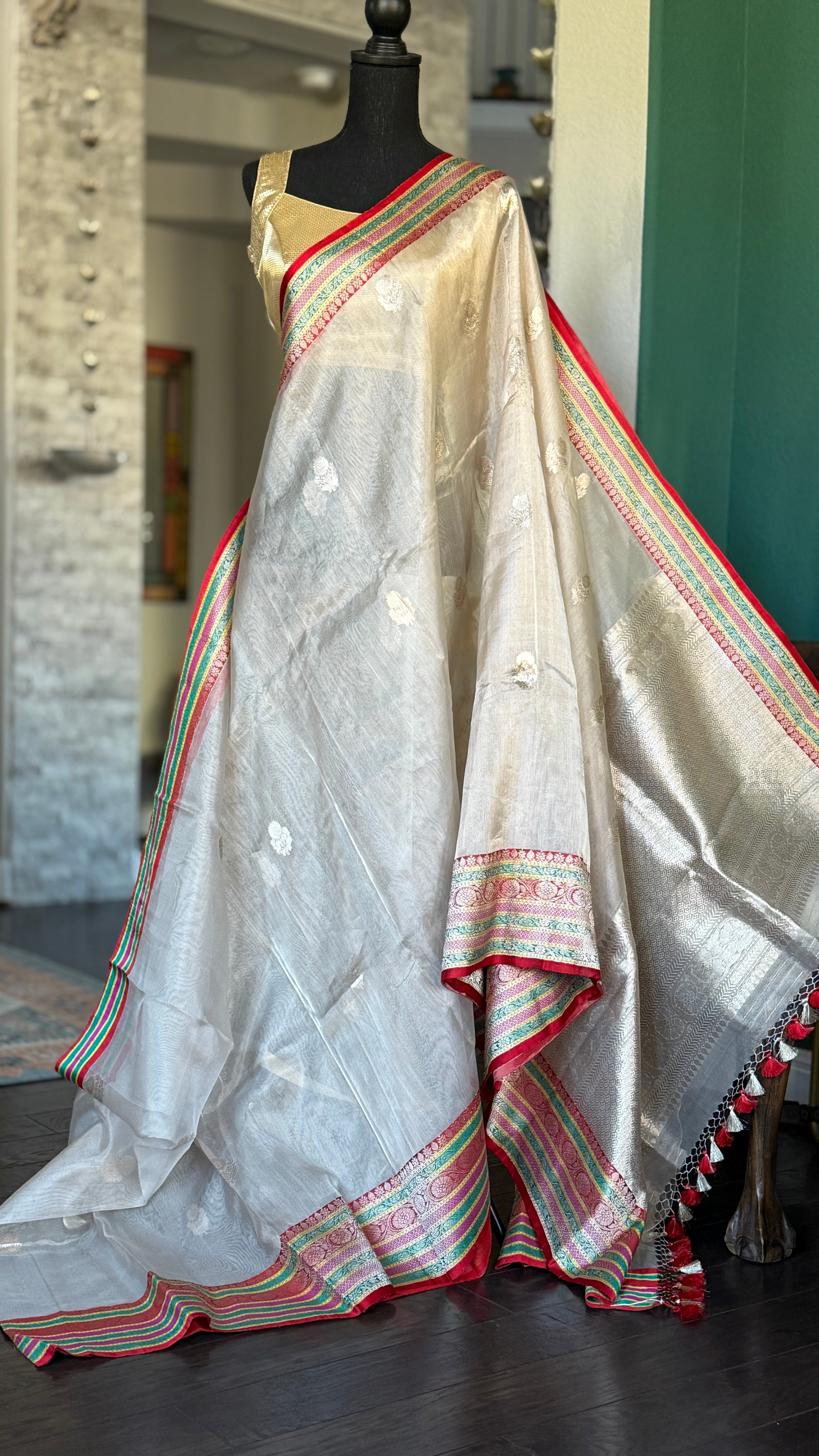 Pure Tissue Silk Banarasi - Antique Golden Rangkat Border