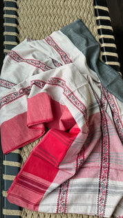 Dhonekhali Cotton Saree - White Red Black