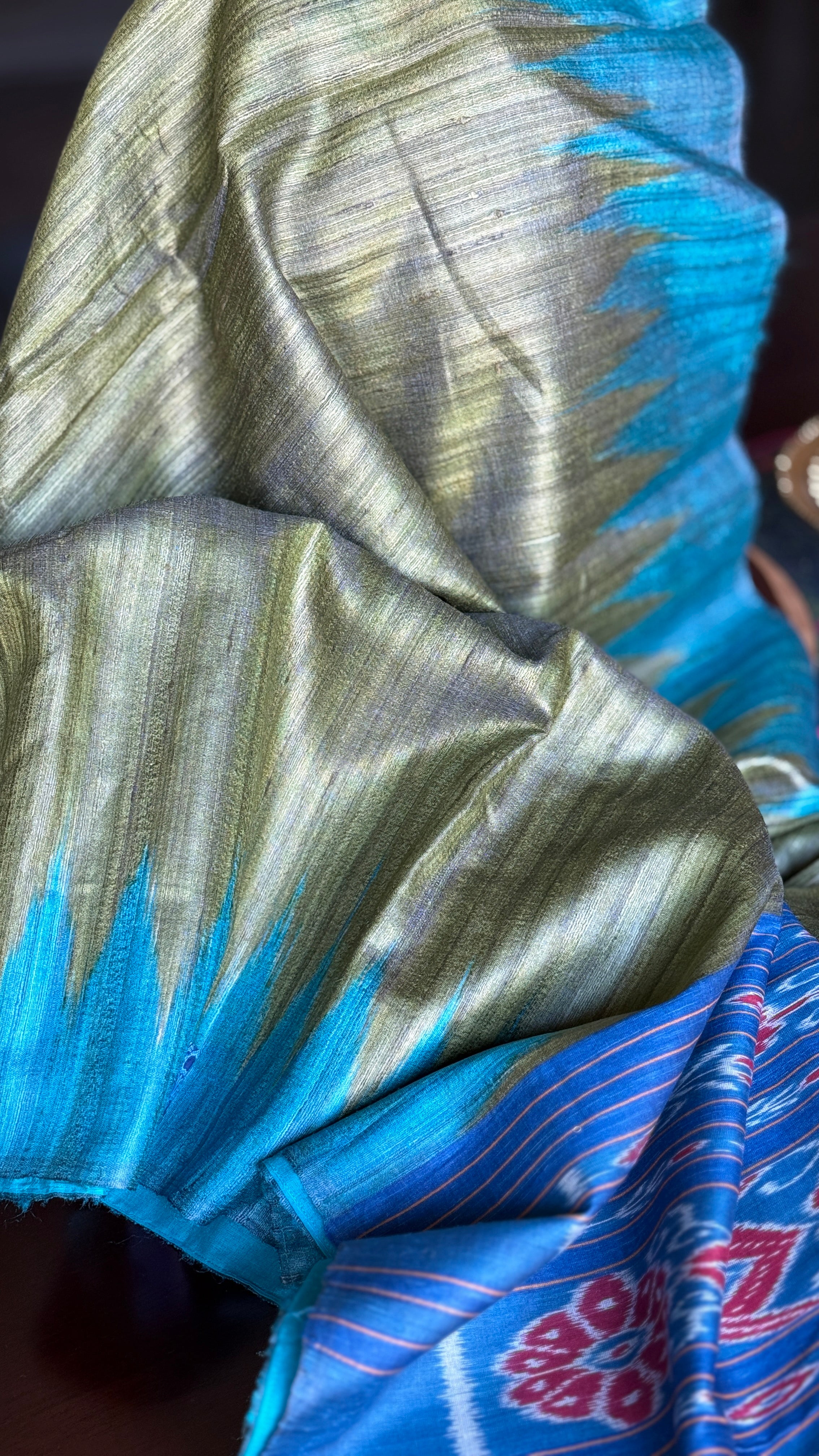 Gopalpur Tussar Silk Ikat - Henna green Blue