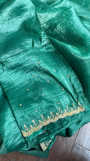 Designer Crushed Tissue Silk - Teal Gree Embroidered