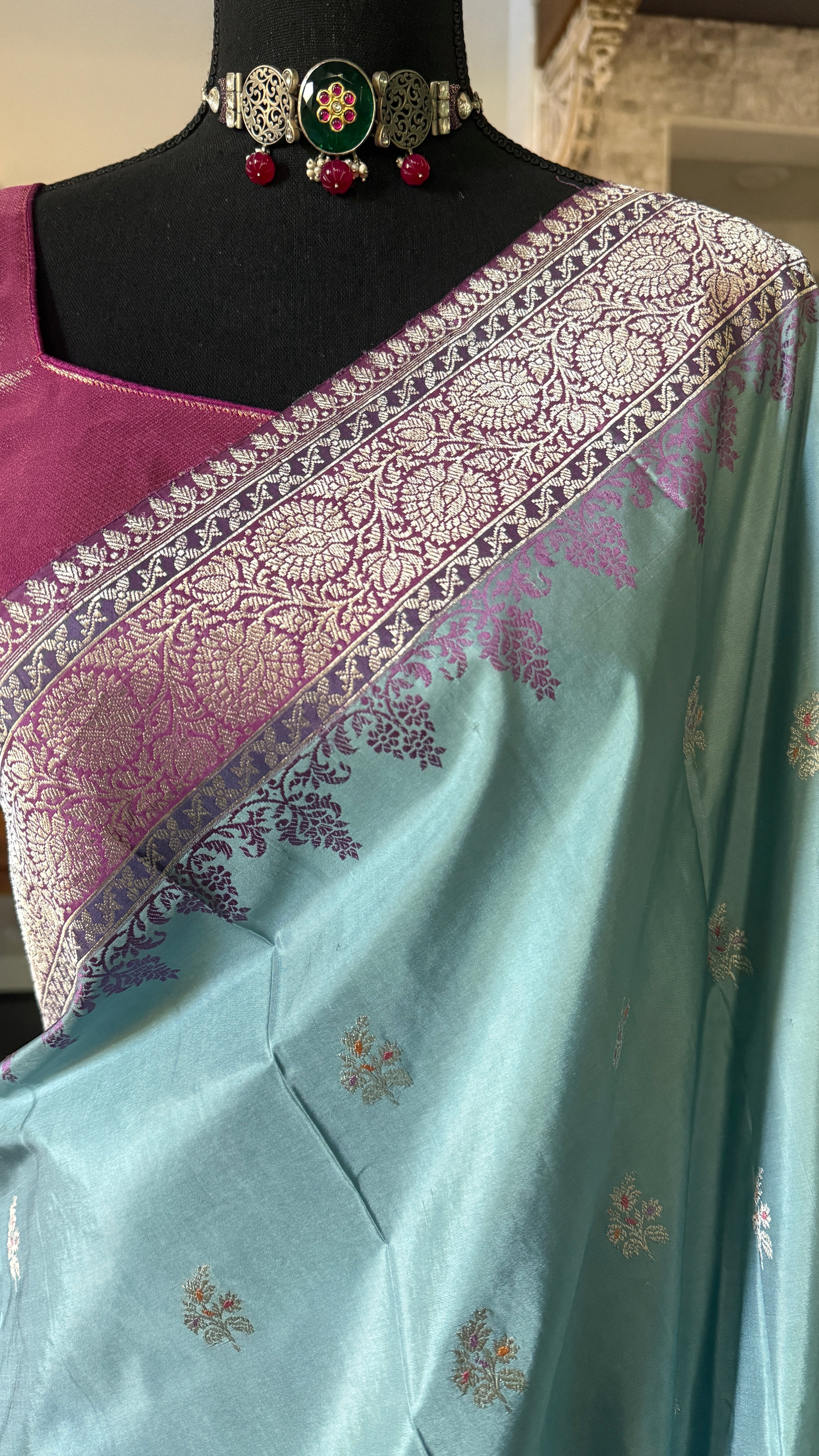 Pure Silk Katan Banarasi- Light Blue Kadhua Antique Silver Zari