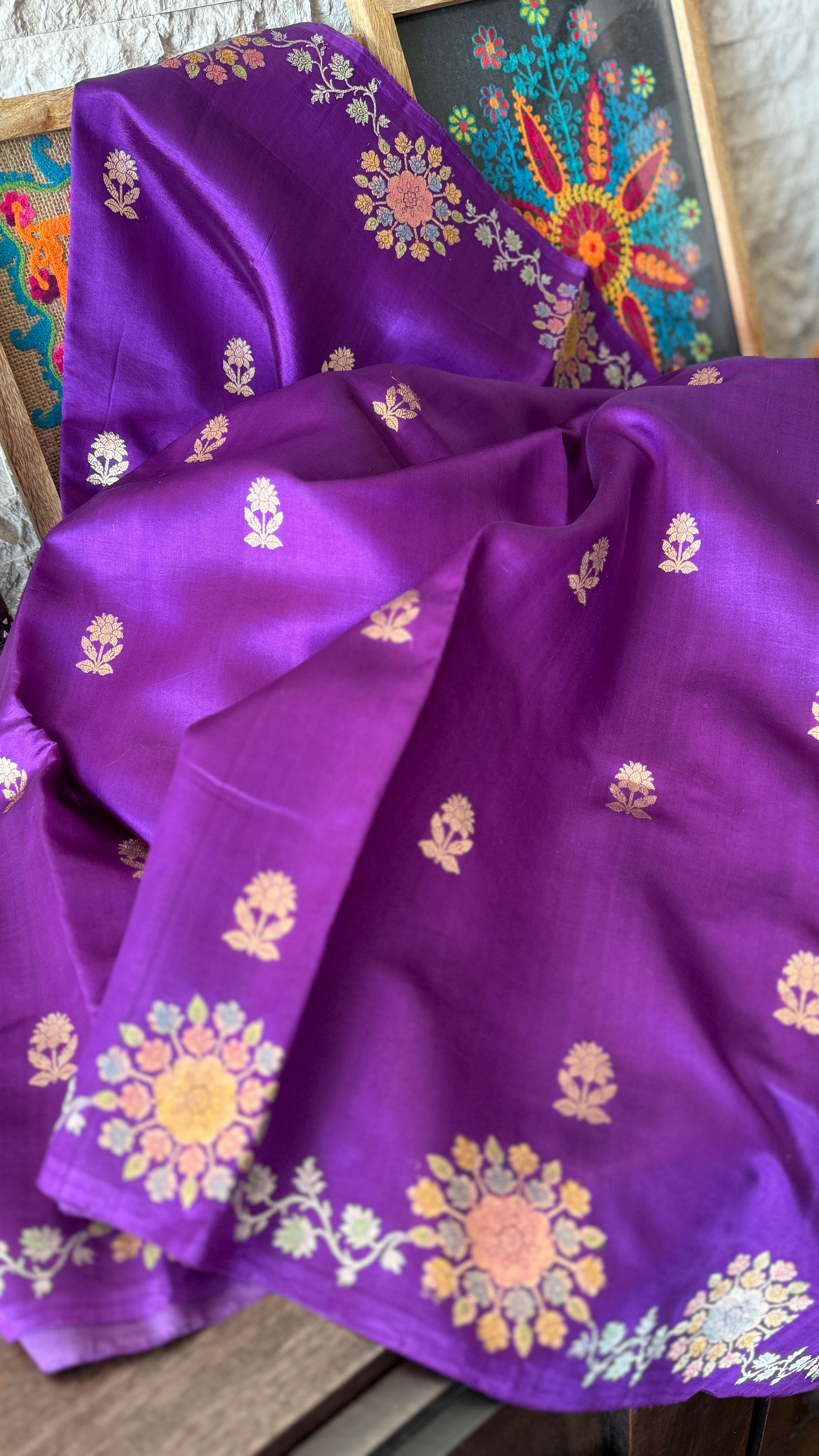 Pure Katan Silk Banarasi - Purple Hand Brush painted