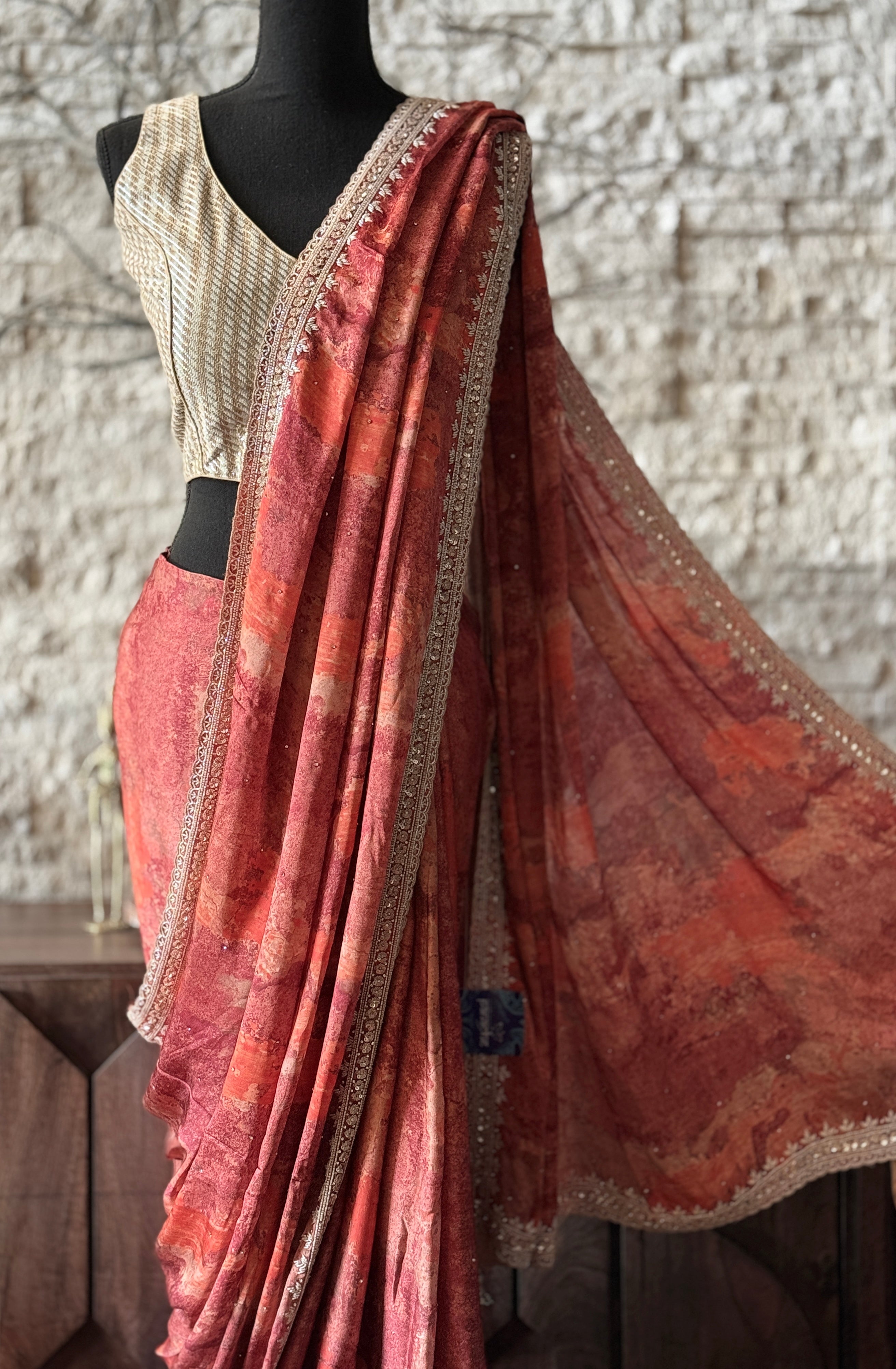Designer Crepe Satin Marble Print - Rust Wine