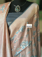 Khaddi Tussar Banarasi -  Peach Pink Grey Tilfi Antique Zari